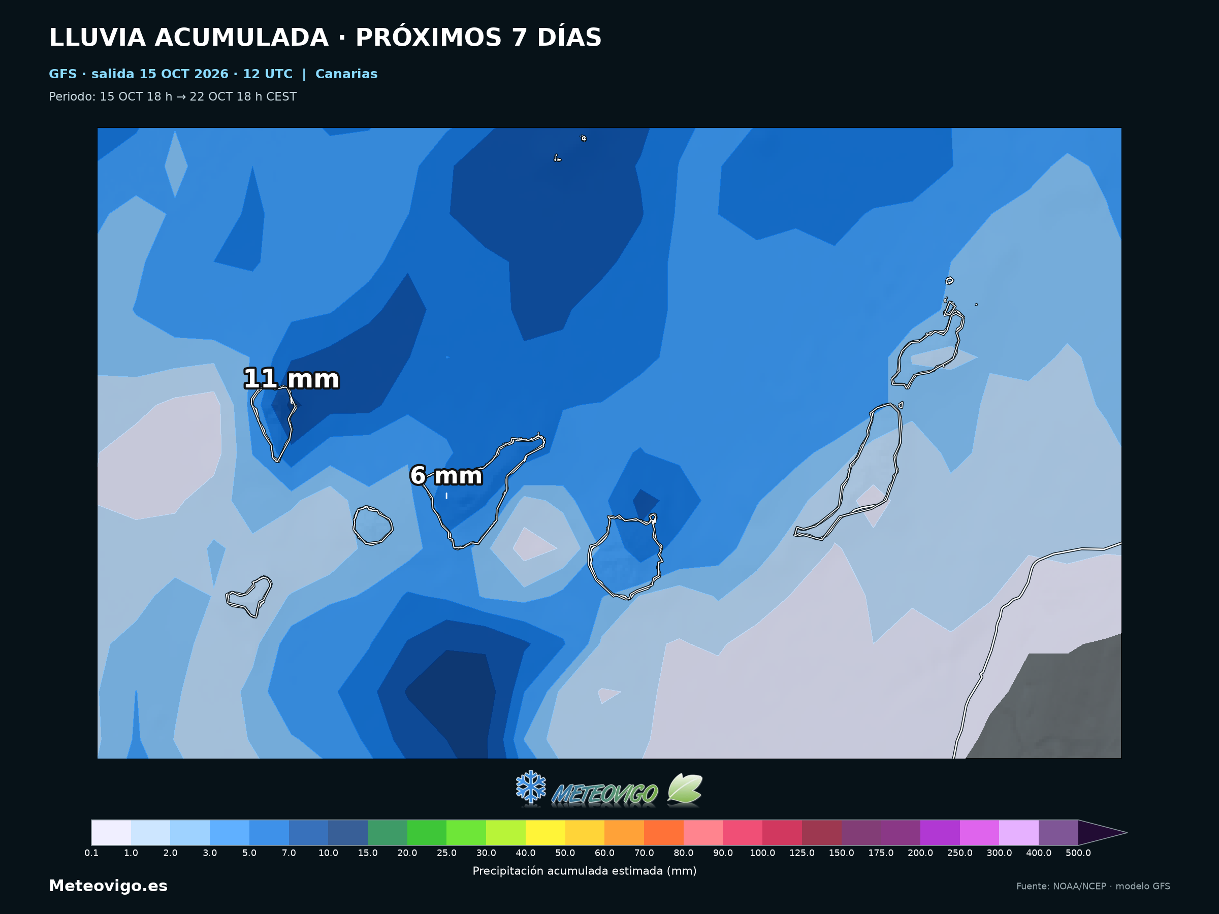 Lluvias a siete días del GFS en Canarias, salida del 15 de octubre de 2026 a las 12 UTC, con máximos de 11 mm en La Palma y 6 mm en Tenerife