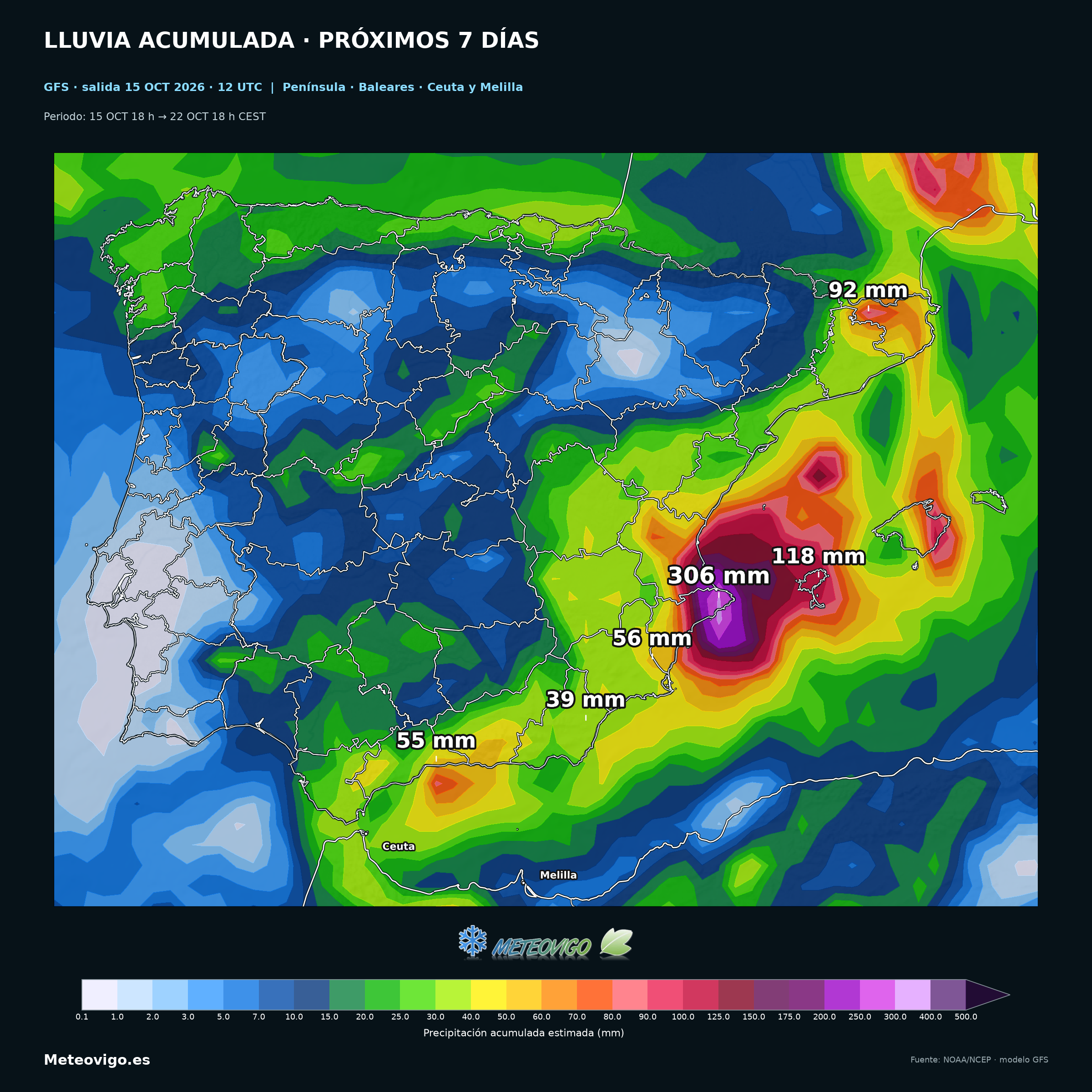 Lluvias a siete días del modelo GFS, salida del 15 de octubre de 2026 a las 12 UTC, con máximos de 306 mm en el norte de Alicante y mapa ampliado de la Península, Baleares, Ceuta y Melilla