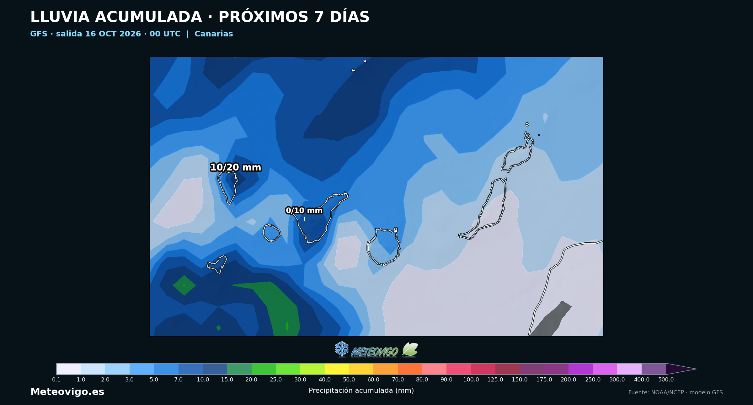 Precipitación acumulada a siete días del GFS en Canarias, del 16 al 23 de octubre de 2026