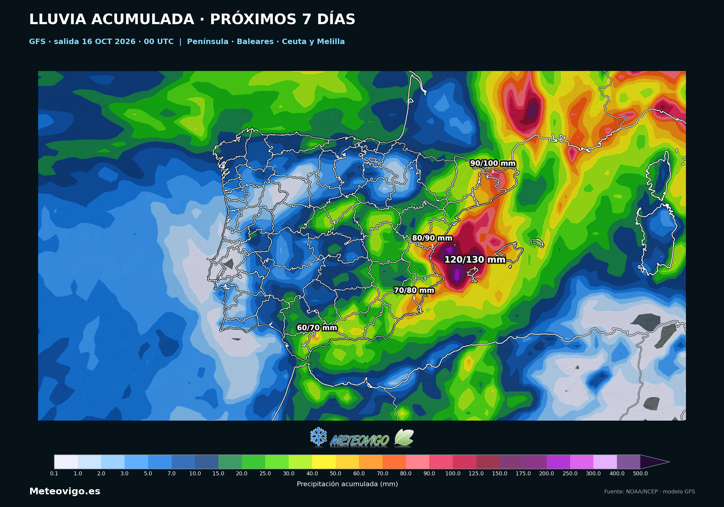 Precipitación acumulada a siete días del GFS: Península y Baleares, salida del 16 de octubre de 2026 a las 00 UTC