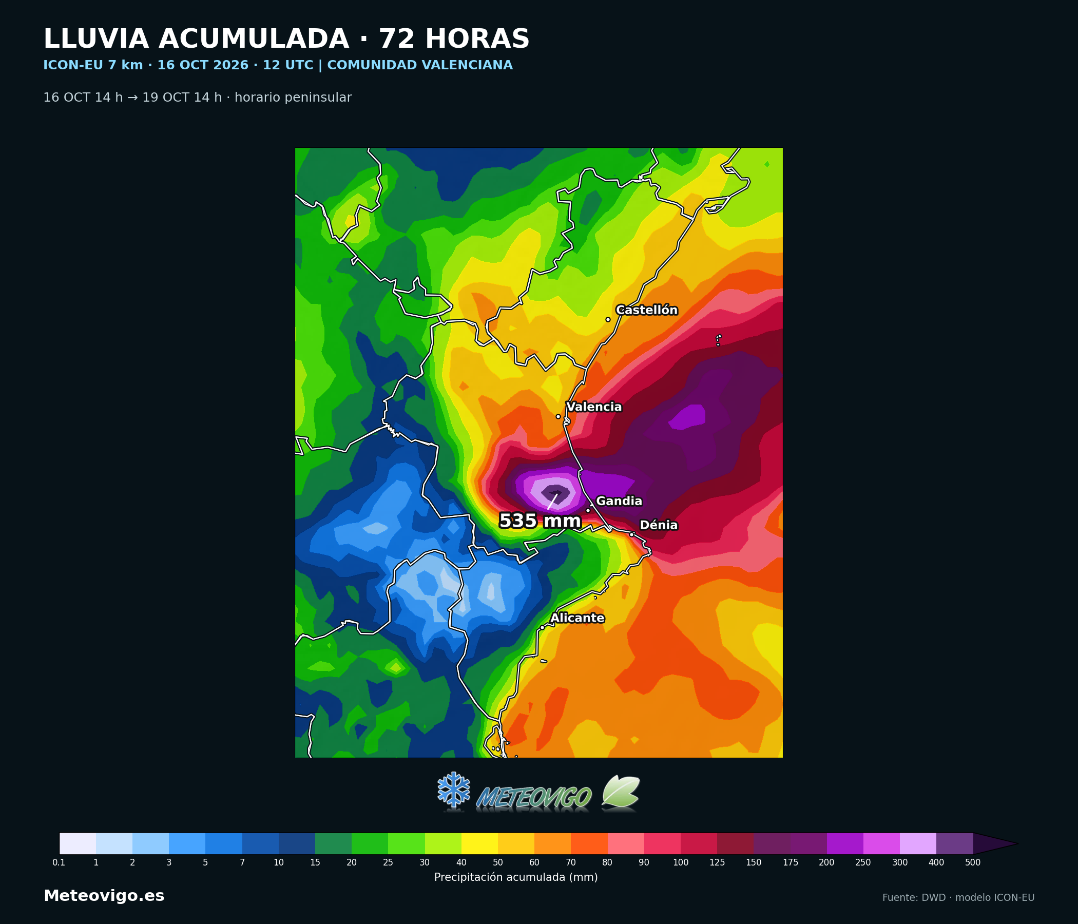 Acumulados de lluvia de ICON-EU en 72 horas en la Comunidad Valenciana, salida del 16 de octubre de 2026 a las 12 UTC