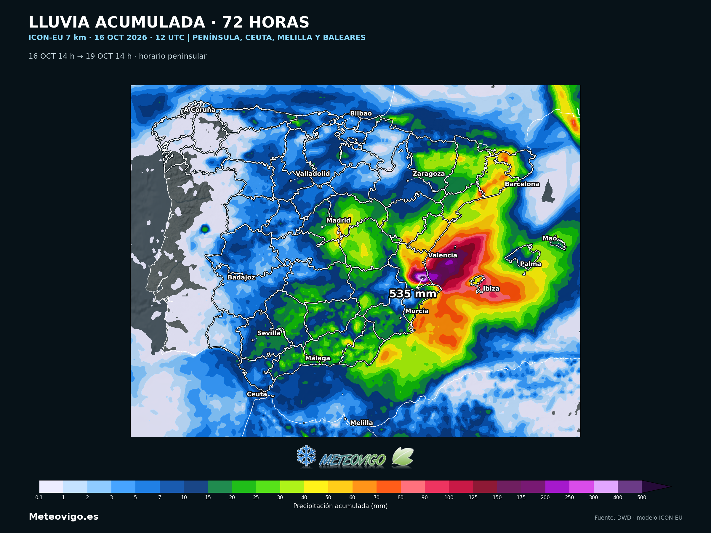 Lluvia acumulada ICON-EU en 72 horas en la Península, Ceuta, Melilla y Baleares