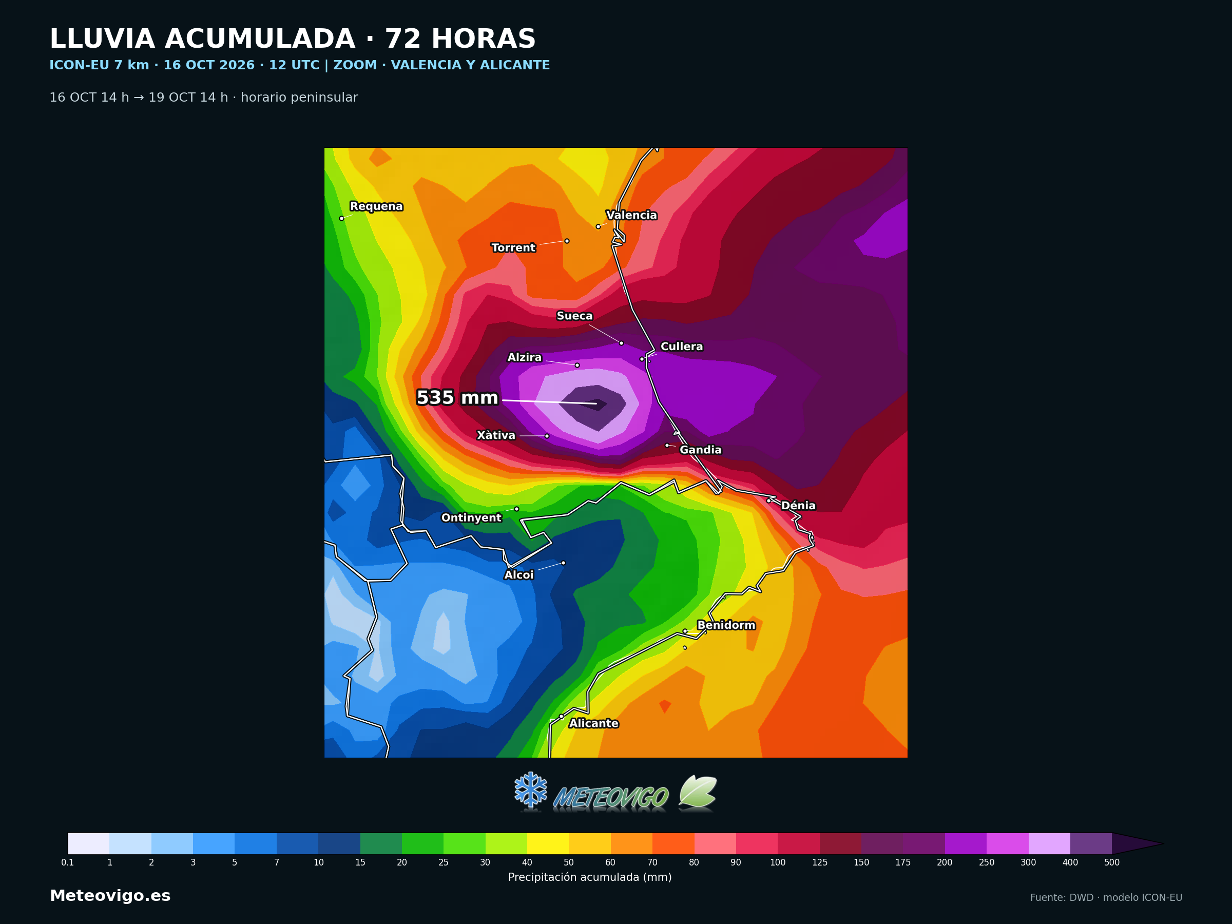 Zoom de las lluvias previstas por ICON-EU en Valencia y Alicante, con un máximo de 535 mm en 72 horas