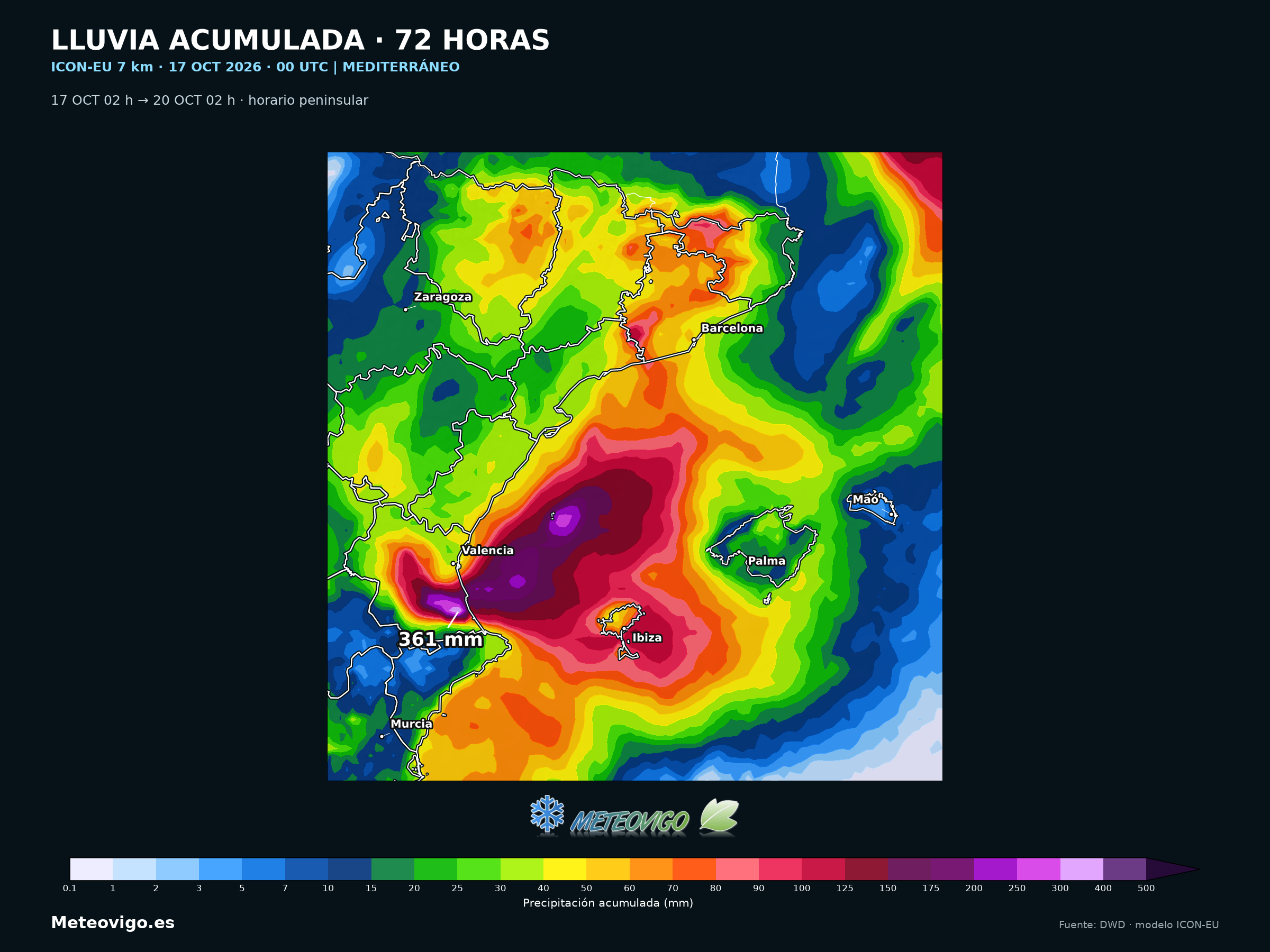 Actualización de las lluvias de ICON-EU en el Mediterráneo, Cataluña, Comunidad Valenciana y Baleares