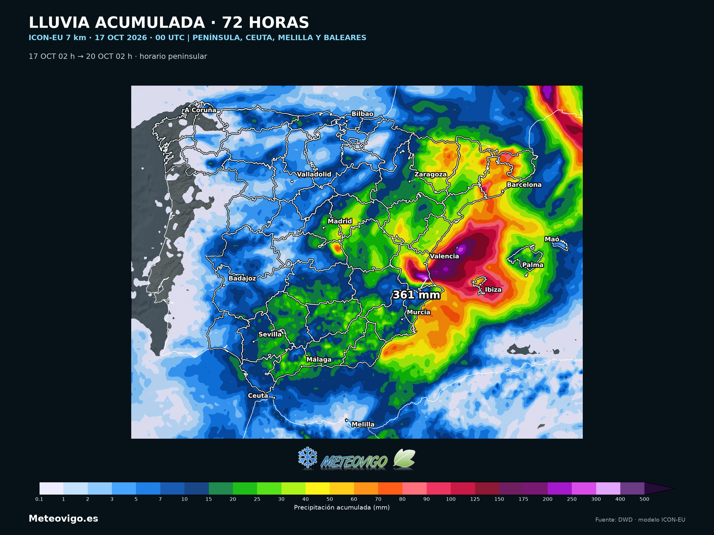 Lluvias ICON-EU en 72 horas en toda la Península, Ceuta, Melilla y Baleares