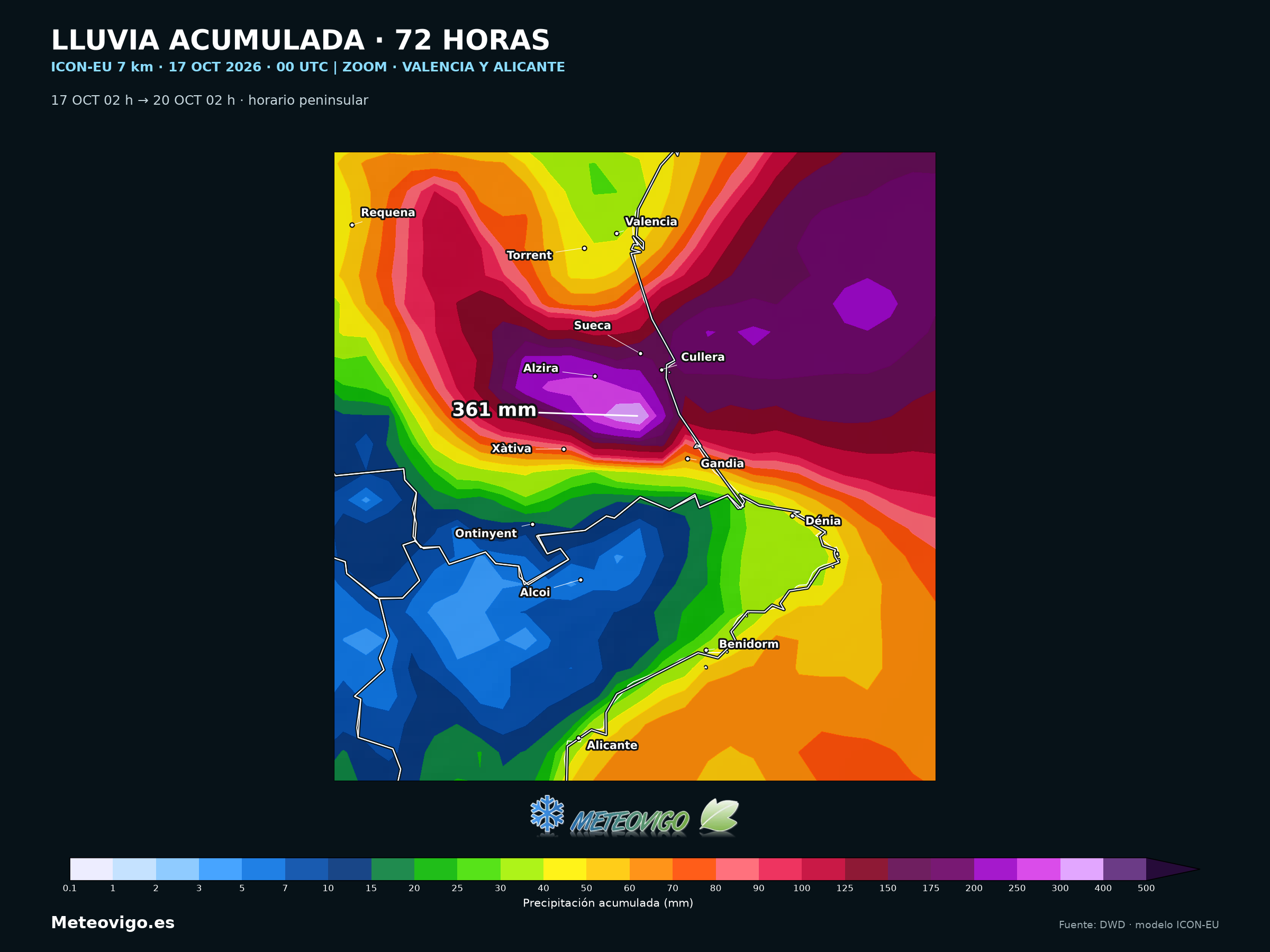 Lluvia acumulada ICON-EU en Valencia y Alicante: máximo de 361 mm y localidades de referencia