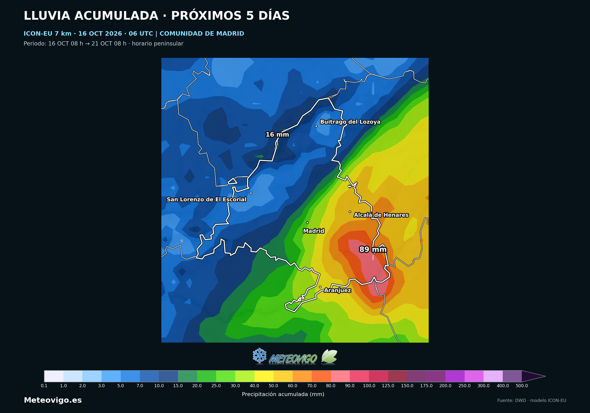 Lluvia acumulada del modelo ICON-EU en la Comunidad de Madrid del 16 al 21 de octubre de 2026