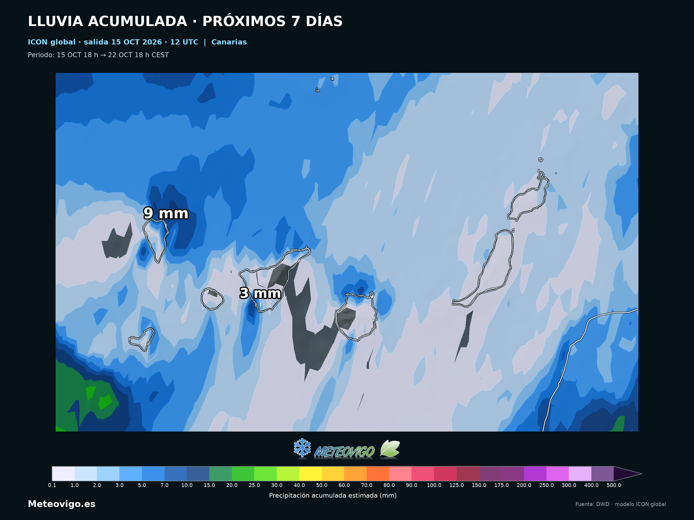 Lluvias a siete d&iacute;as del ICON global en Canarias, del 15 al 22 de octubre de 2026, con m&aacute;ximos locales de 9 mm en La Palma y 3 mm en Tenerife