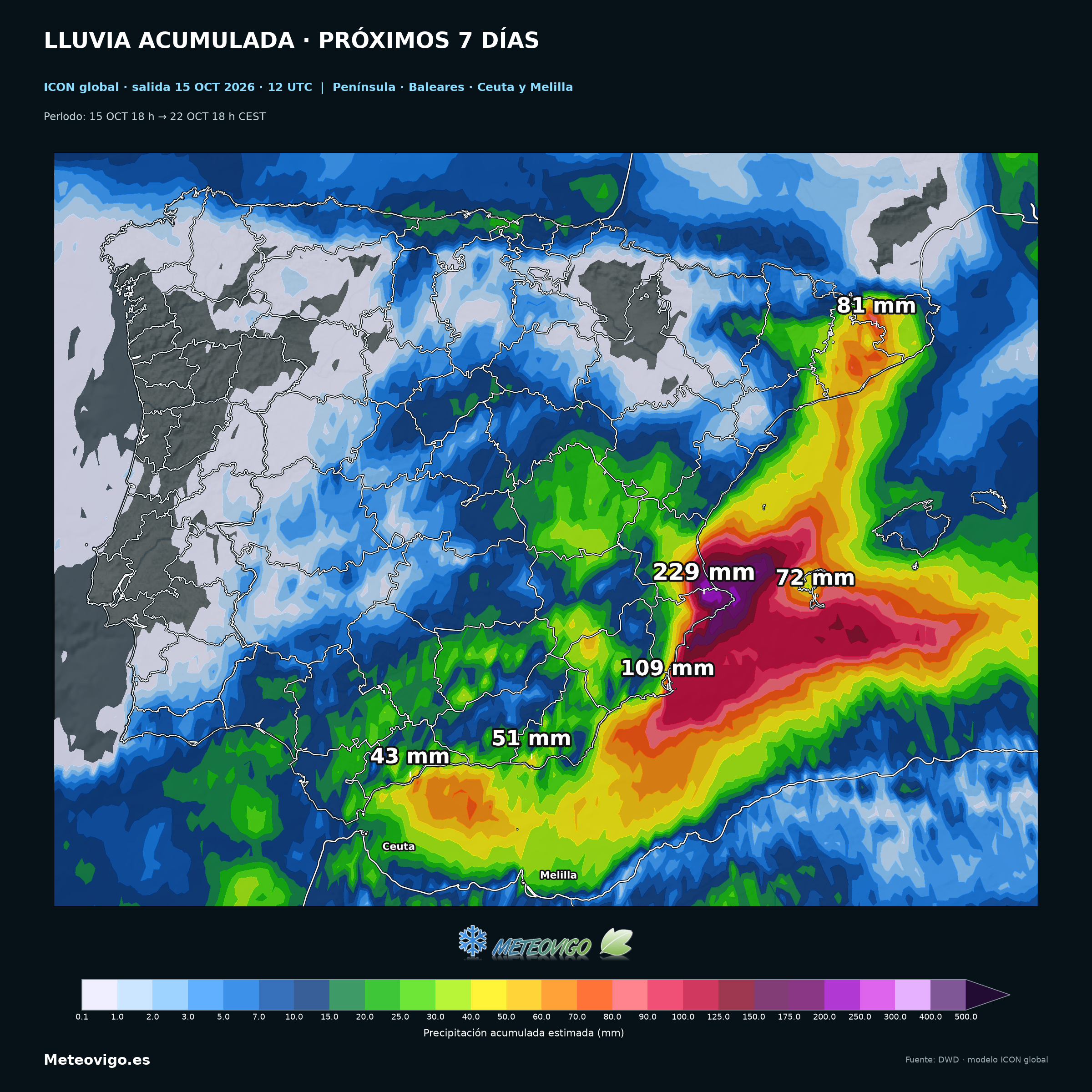Lluvias a siete d&iacute;as del ICON global, salida del 15 de octubre de 2026 a las 12 UTC, con mapa ampliado de la Pen&iacute;nsula, Baleares, Ceuta y Melilla