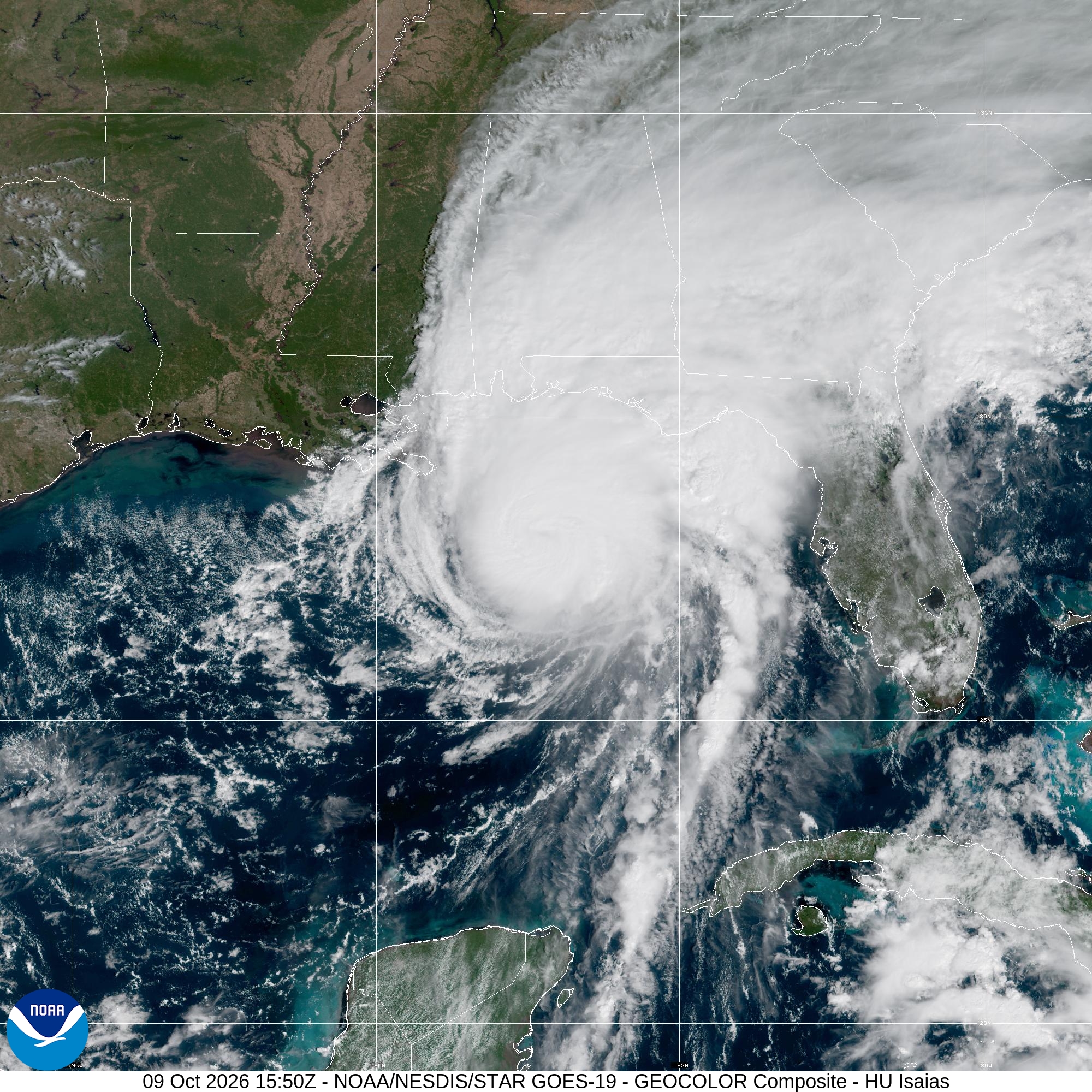 Imagen del hurac&aacute;n Isa&iacute;as captada por el sat&eacute;lite GOES-19 el 9 de octubre de 2026