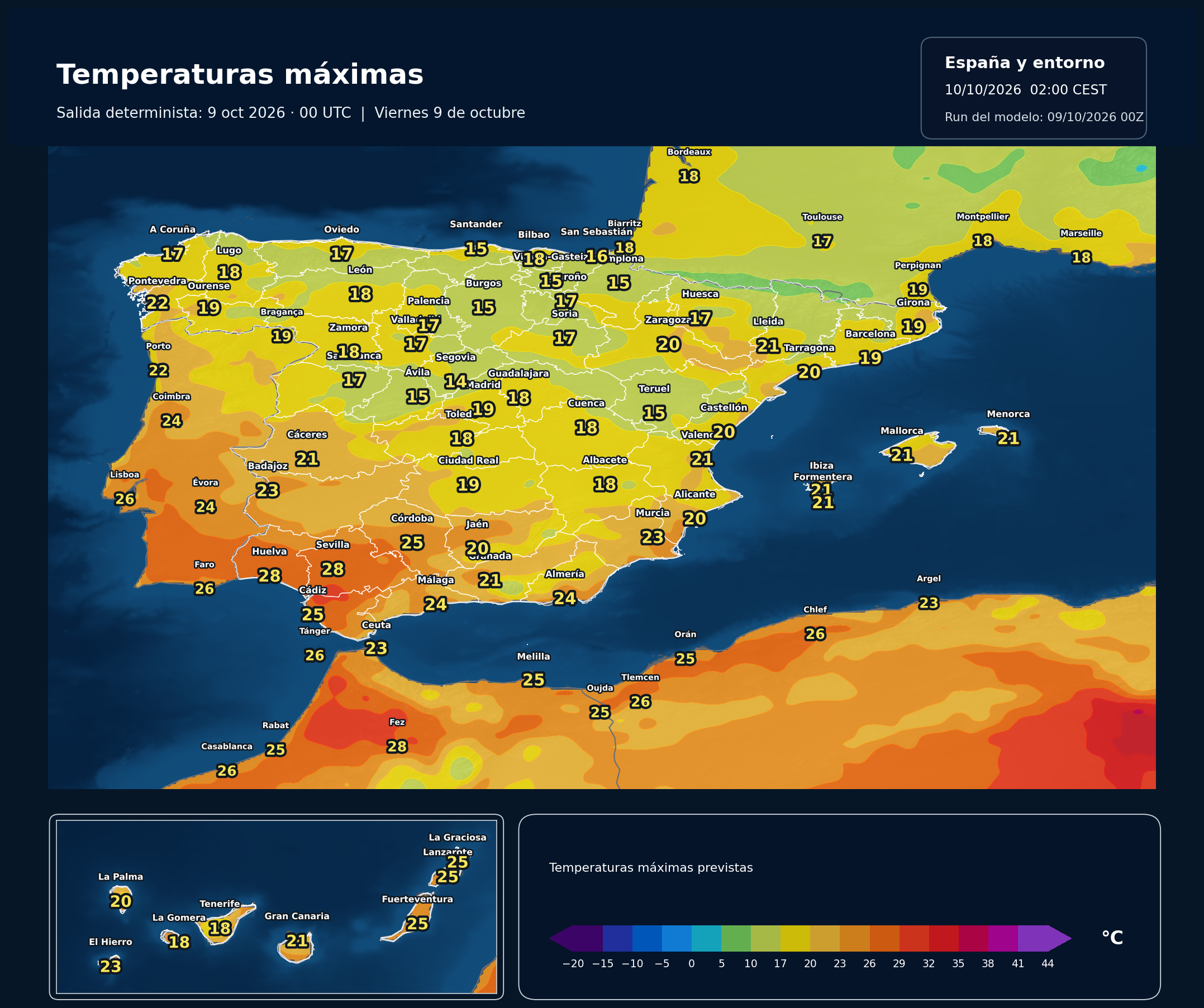 Temperaturas máximas previstas en España para el viernes 9 de octubre según el modelo europeo