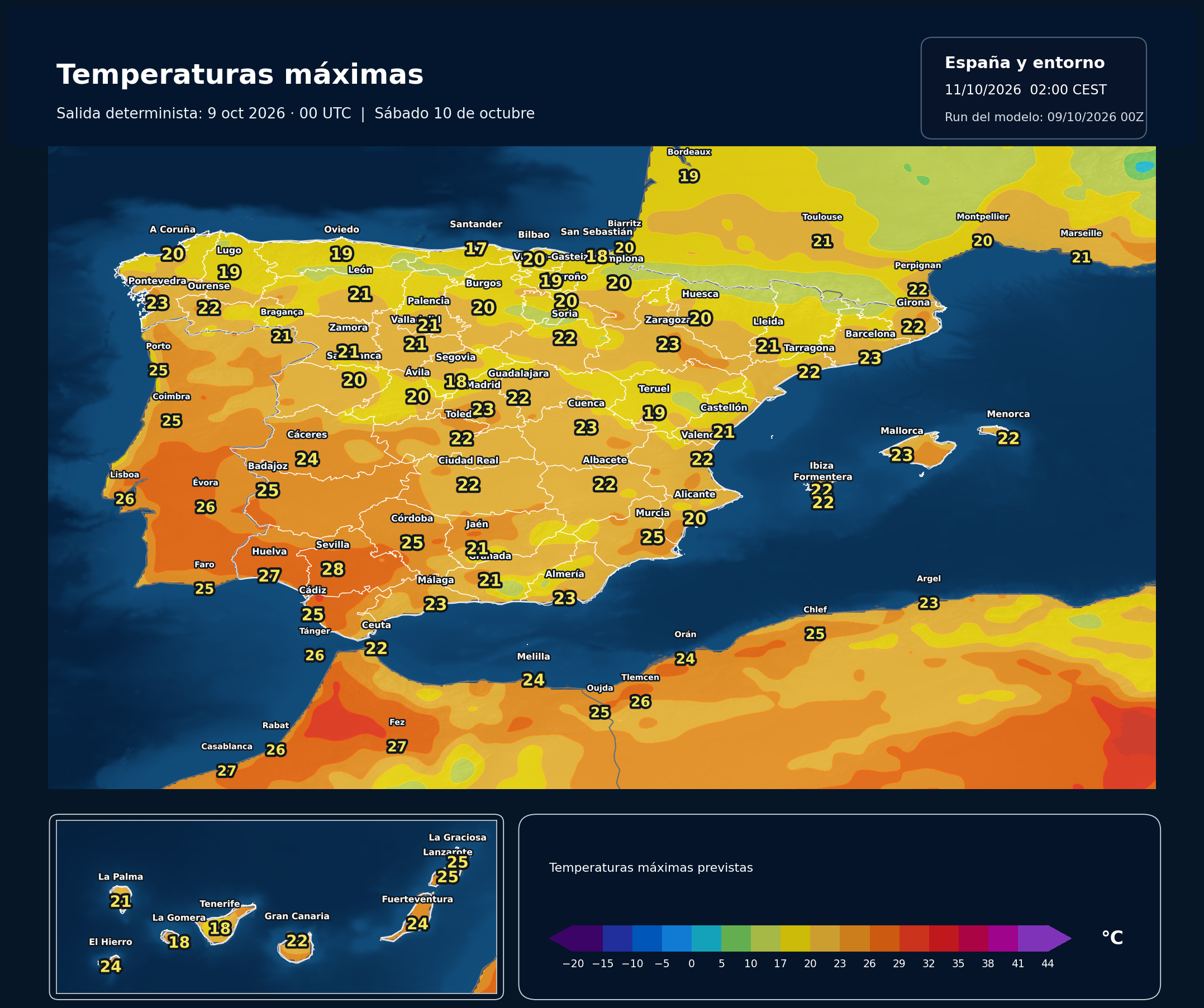 Temperaturas máximas previstas en España para el sábado 10 de octubre según el modelo europeo