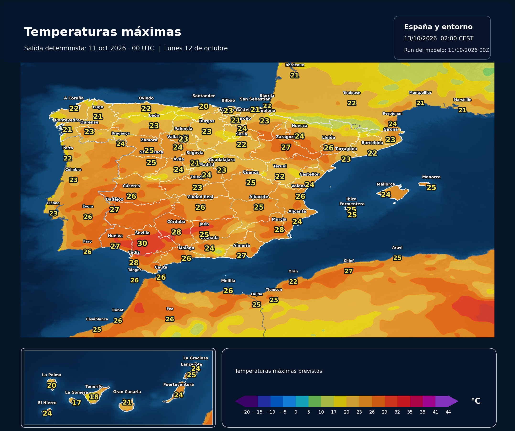 Temperaturas máximas previstas en España para el lunes 12 de octubre según el modelo europeo