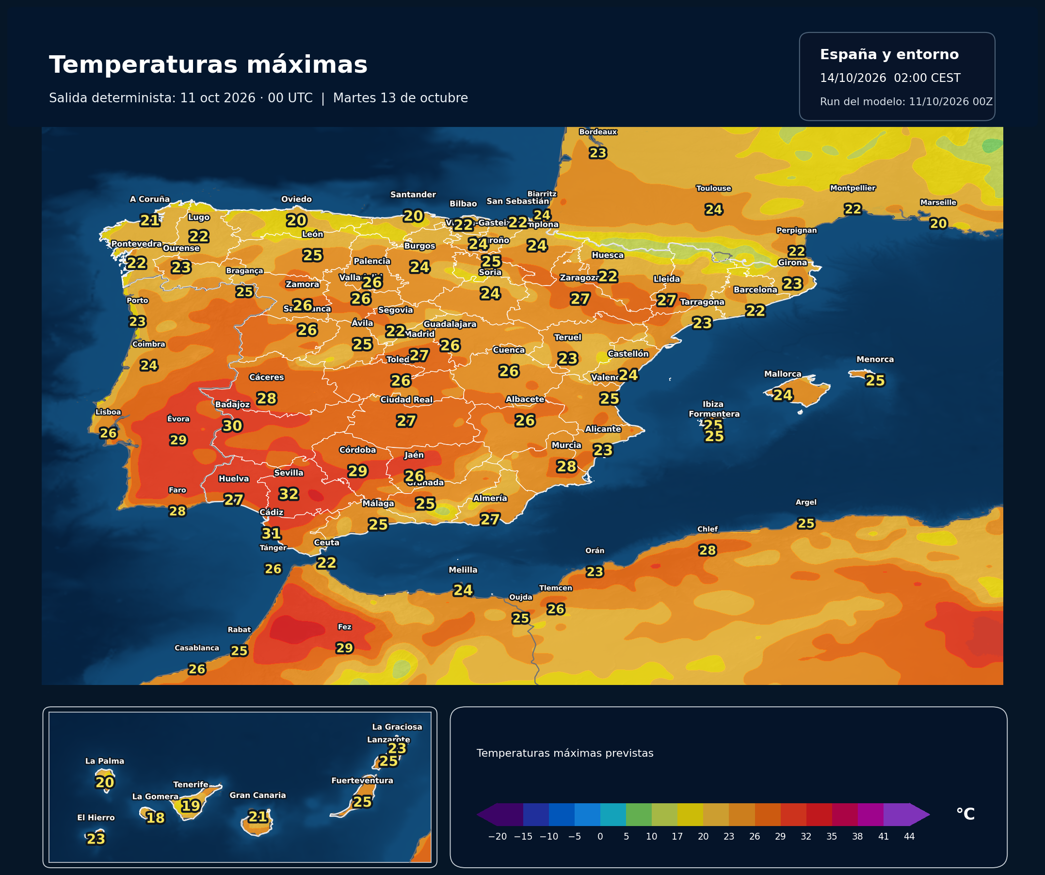Temperaturas máximas previstas en España para el martes 13 de octubre según el modelo europeo