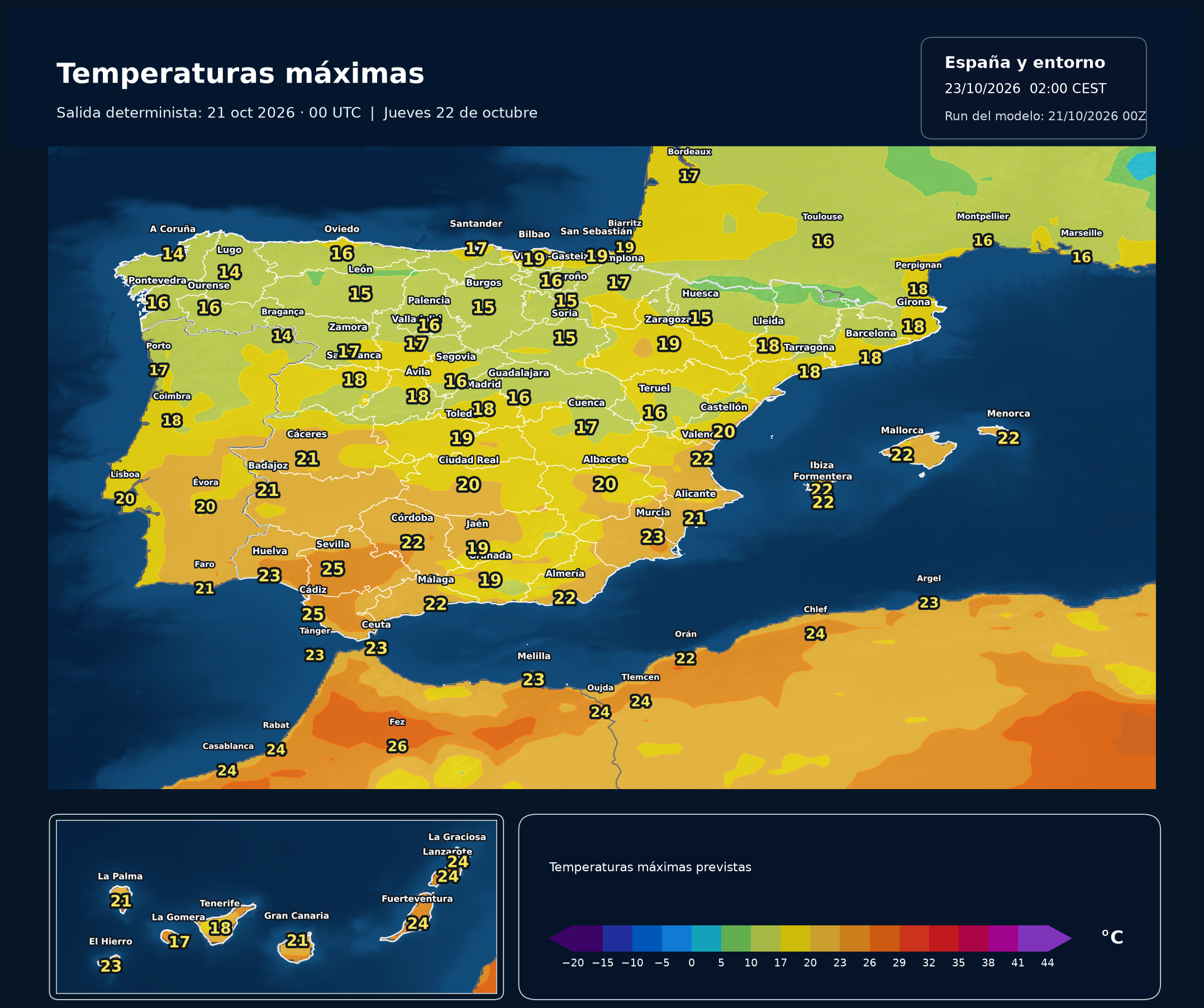 Temperaturas m&aacute;ximas del 22 de octubre. Modelo europeo ECMWF, salida del 21 de octubre a las 00 UTC. Meteovigo.
