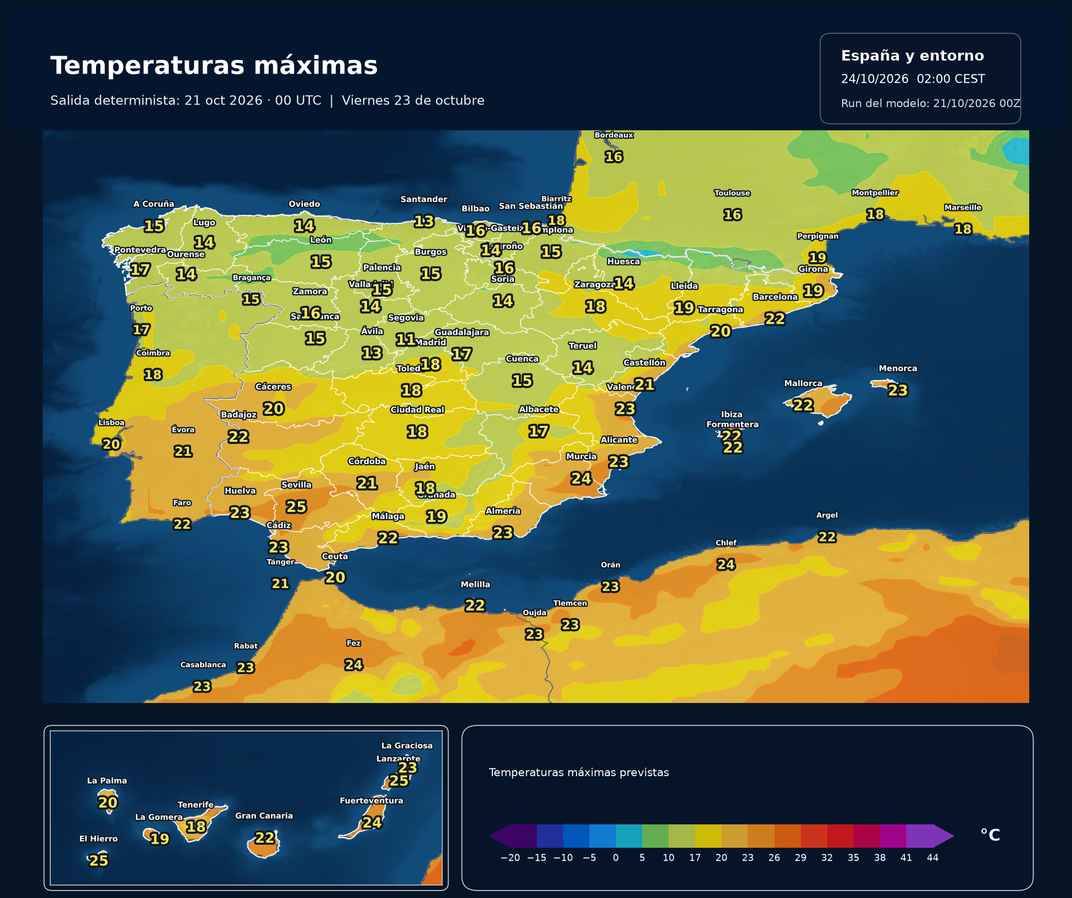 Temperaturas m&aacute;ximas del 23 de octubre. Modelo europeo ECMWF, salida del 21 de octubre a las 00 UTC. Meteovigo.