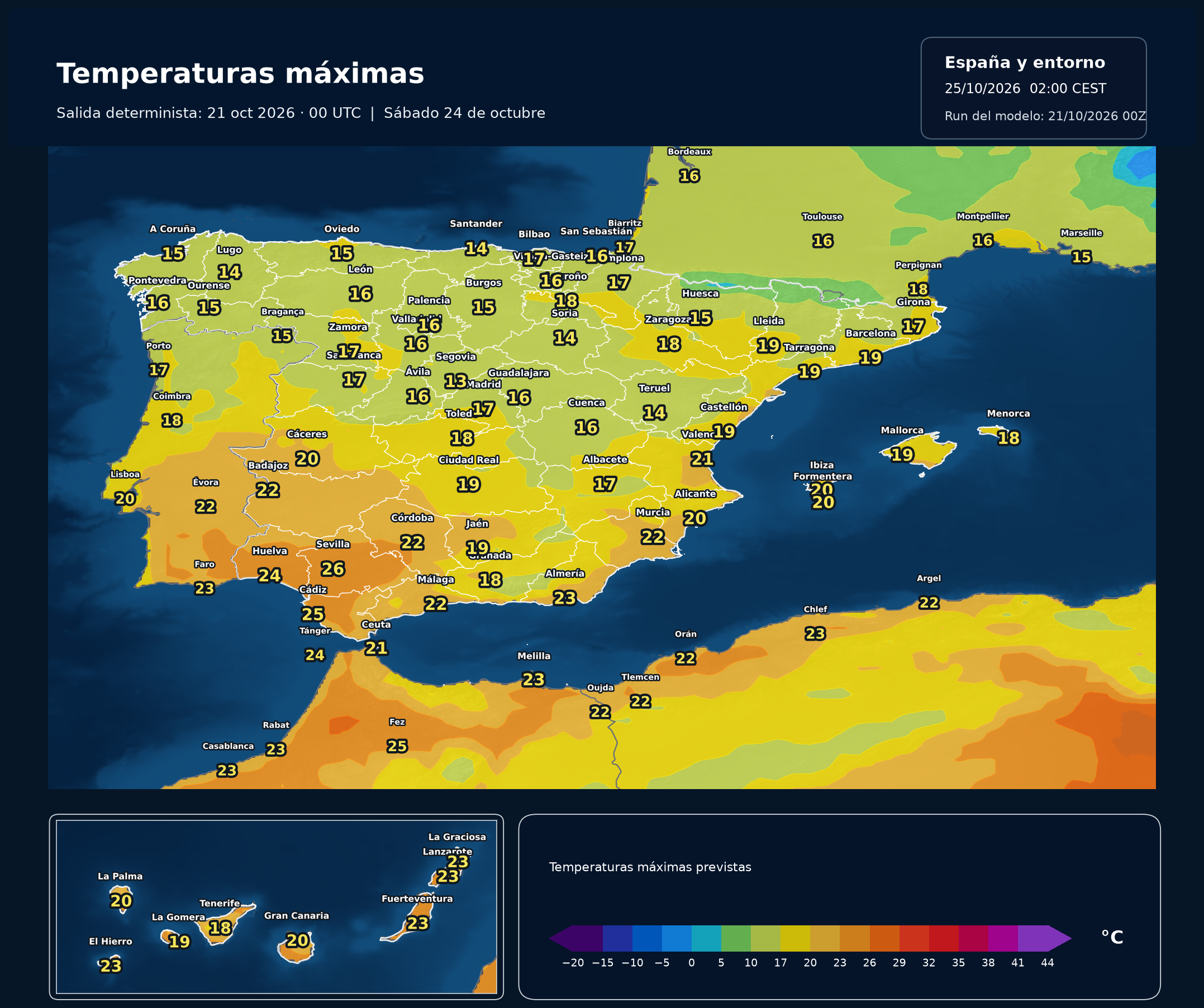 Temperaturas m&aacute;ximas del 24 de octubre. Modelo europeo ECMWF, salida del 21 de octubre a las 00 UTC. Meteovigo.