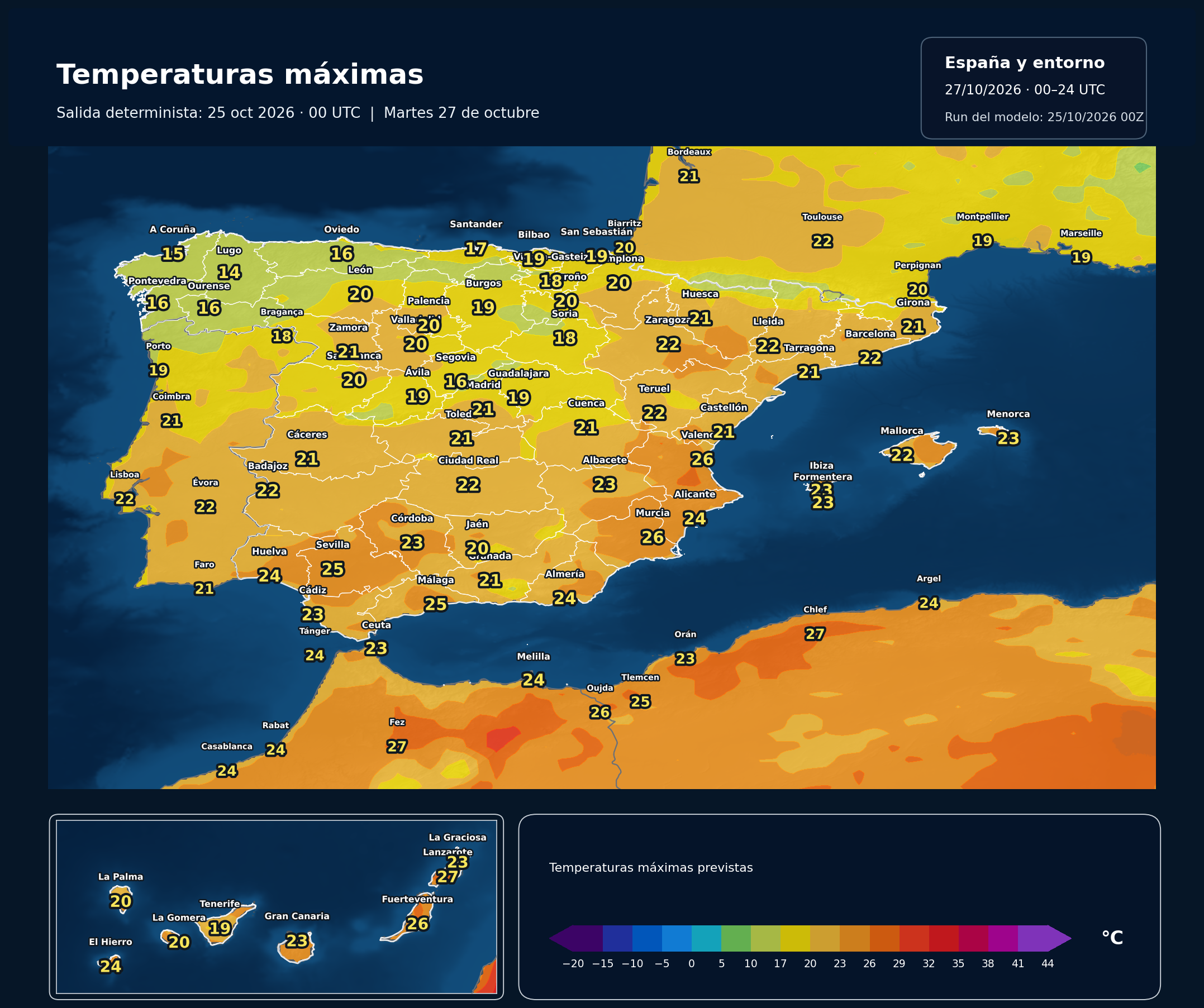 Temperaturas máximas. 27 de octubre de 2026, 00–24 UTC. ECMWF IFS, salida del 25 de octubre a las 00 UTC. Fuente: ECMWF.