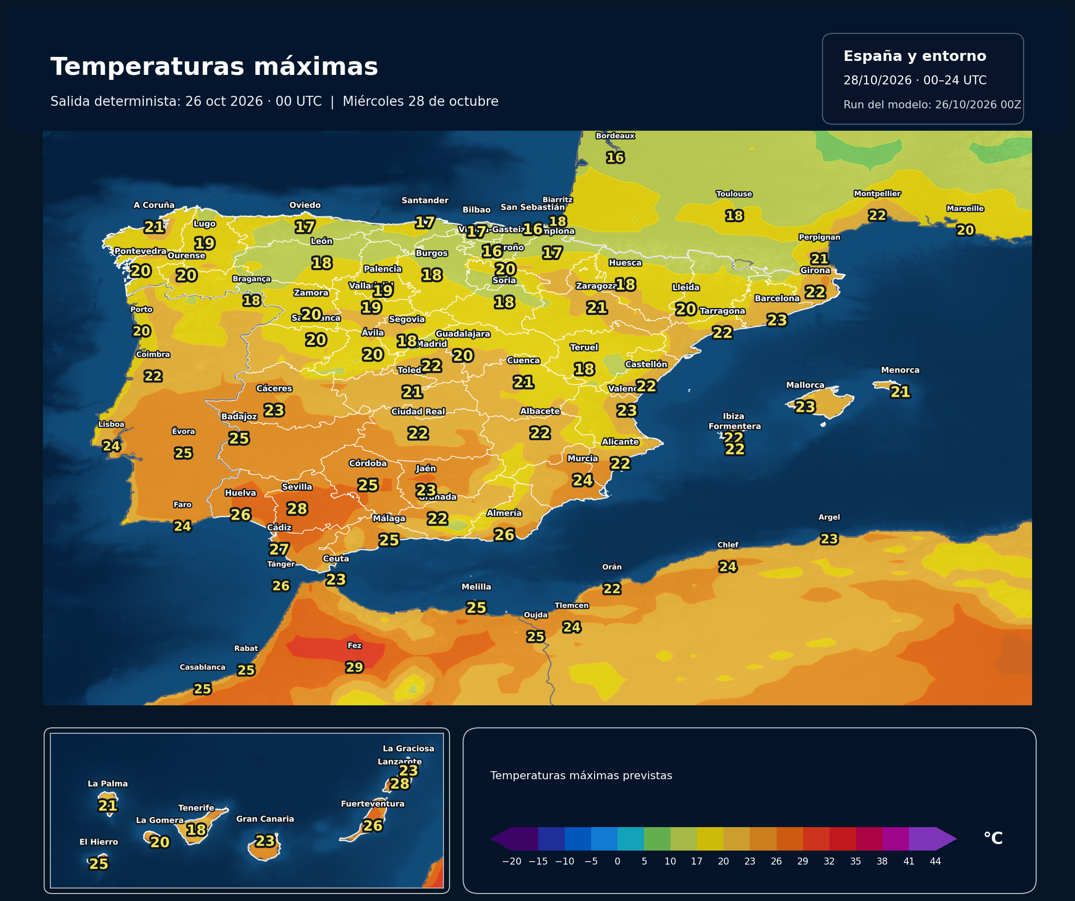 Temperaturas máximas. 28 de octubre de 2026, 00–24 UTC. ECMWF IFS, salida del 26 de octubre a las 00 UTC. Fuente: ECMWF.