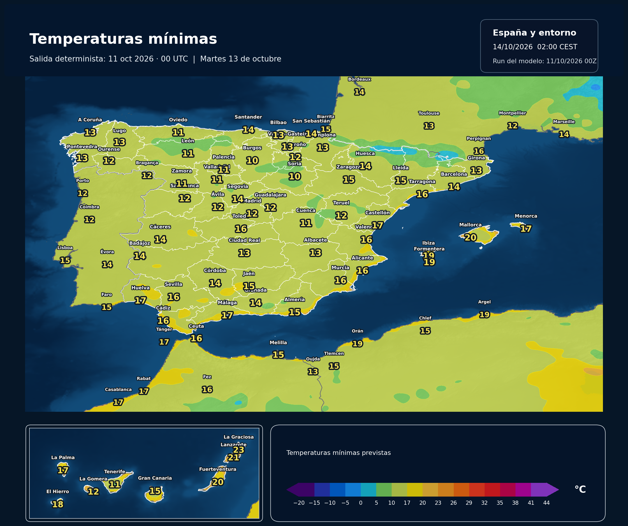 Temperaturas mínimas previstas en España para el martes 13 de octubre según el modelo europeo