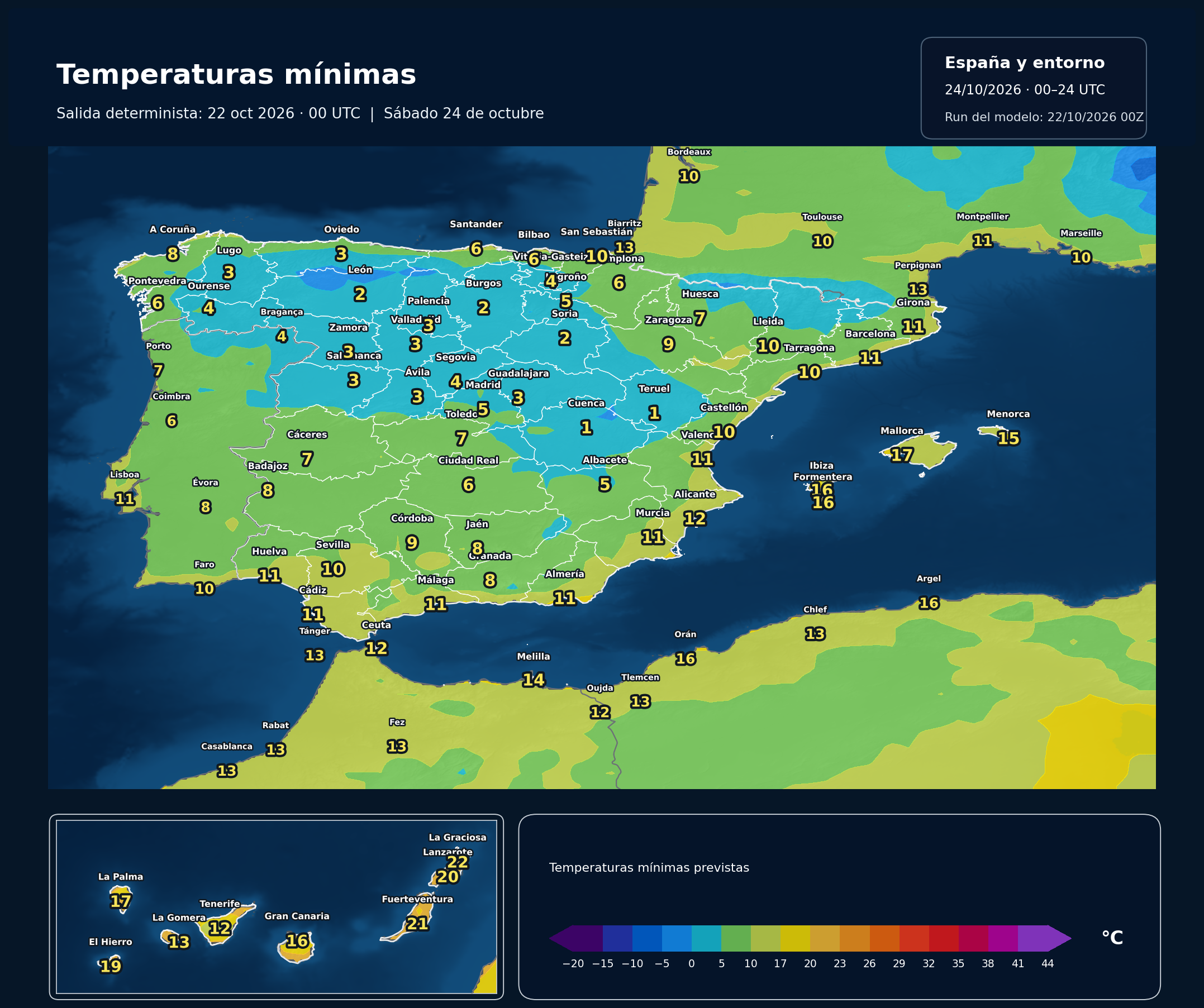 Temperaturas mínimas del 24 de octubre. Modelo europeo ECMWF, salida del 22 de octubre de 2026 a las 00 UTC. Meteovigo.