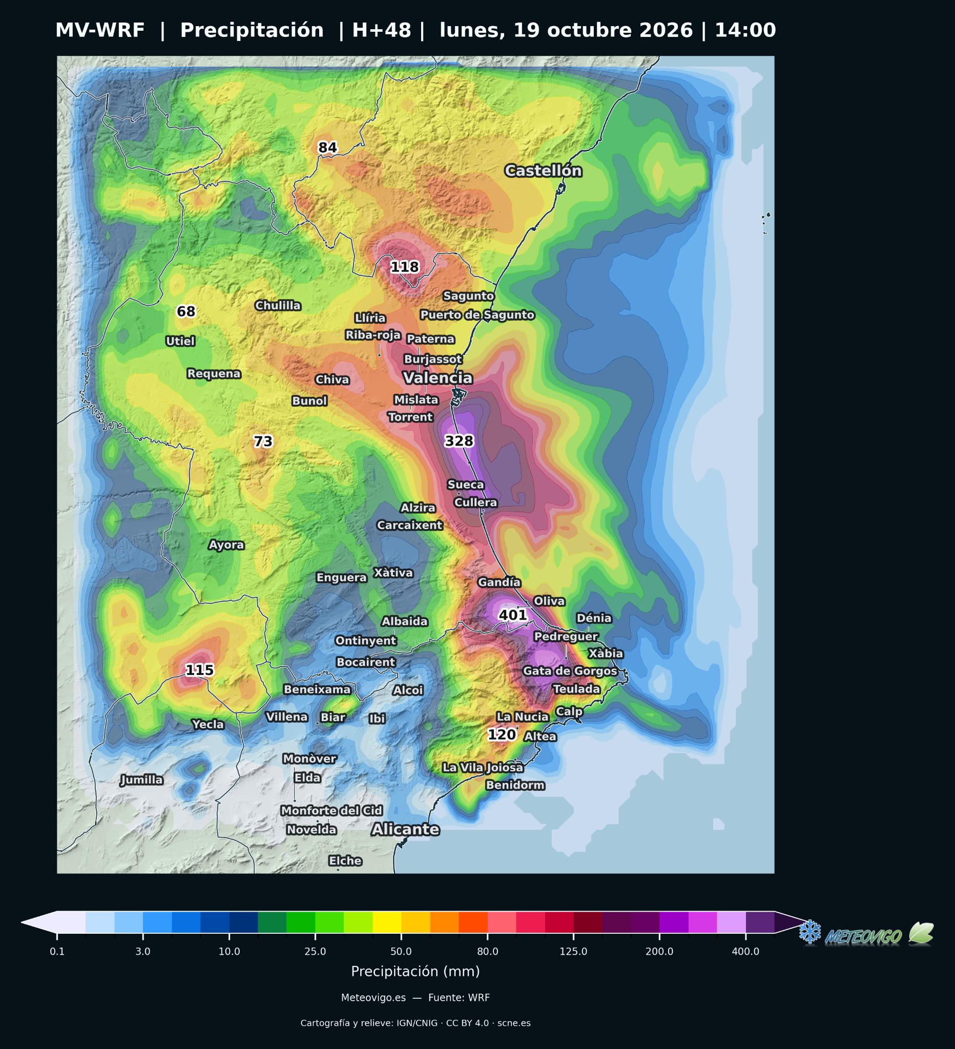 Modelo Meteovigo MV-WRF, acumulado de 48 horas hasta el 19 de octubre a las 14 h, con máximos de 401 y 328 mm