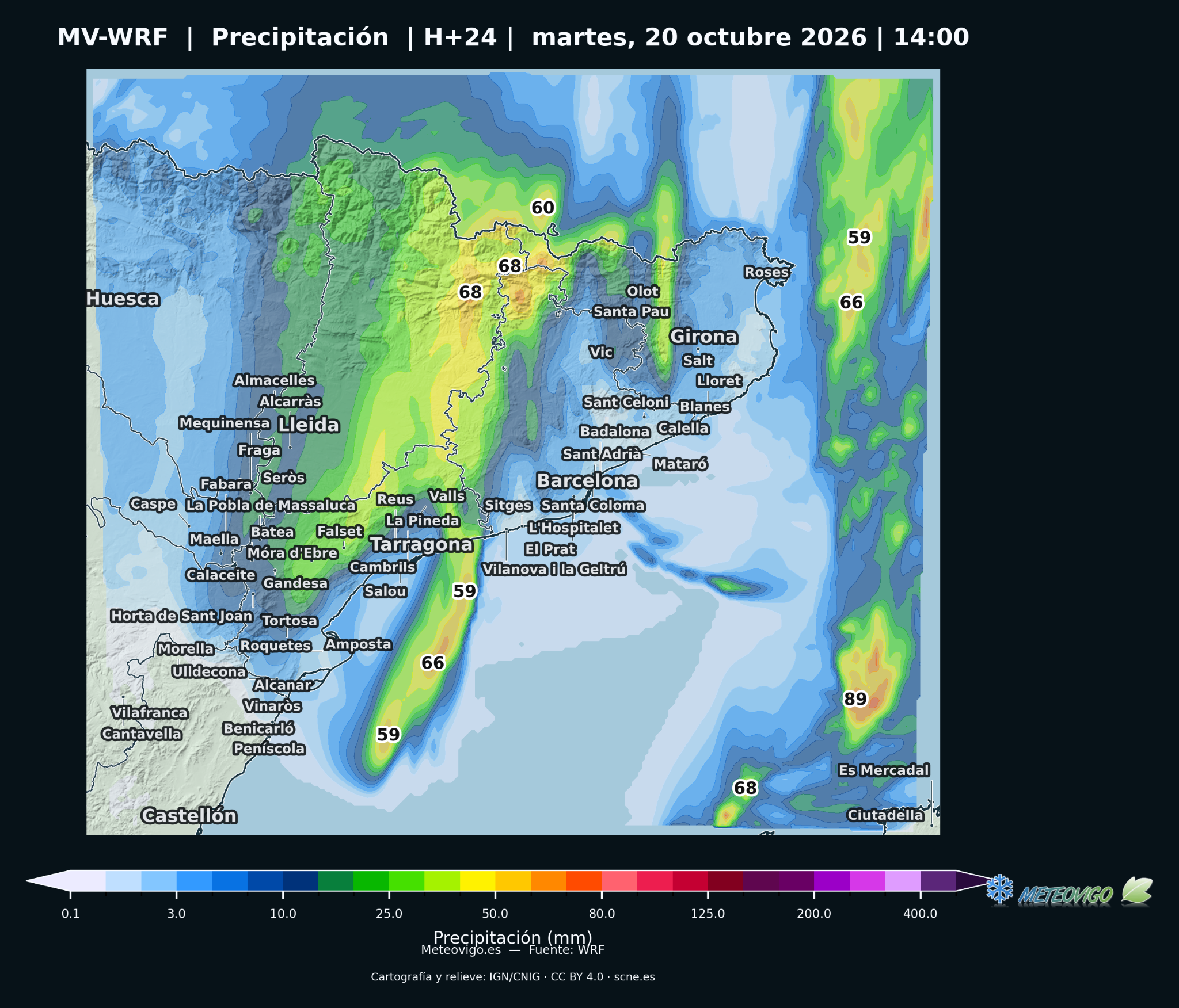 MV-WRF: lluvia acumulada en Cataluña del lunes 19 a las 14 h al martes 20 a las 14 h
