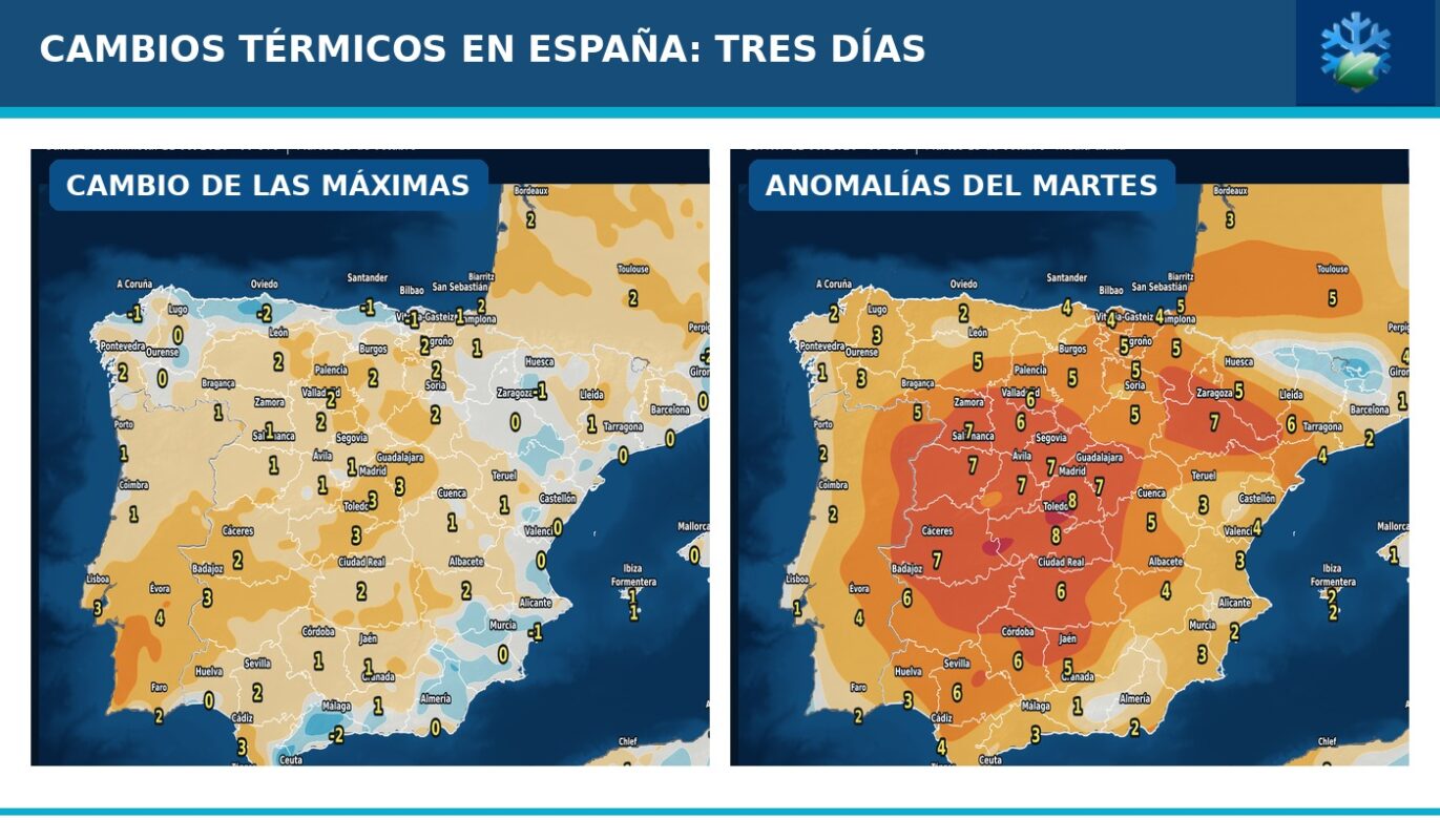 Portada del pronóstico de cambios de temperaturas y anomalías en España para los próximos tres días