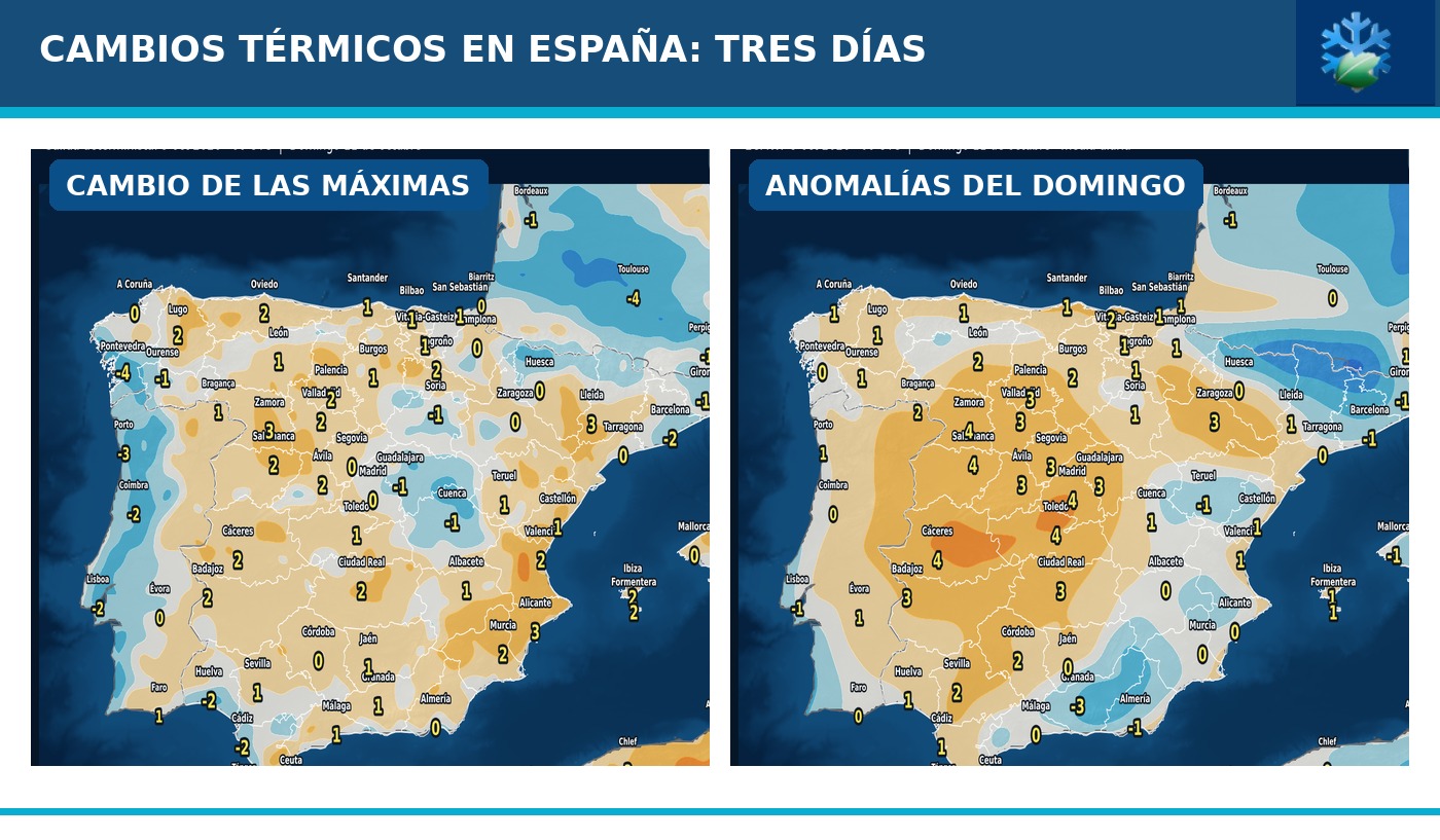 Portada del pronóstico de cambios de temperaturas y anomalías en España para los próximos tres días