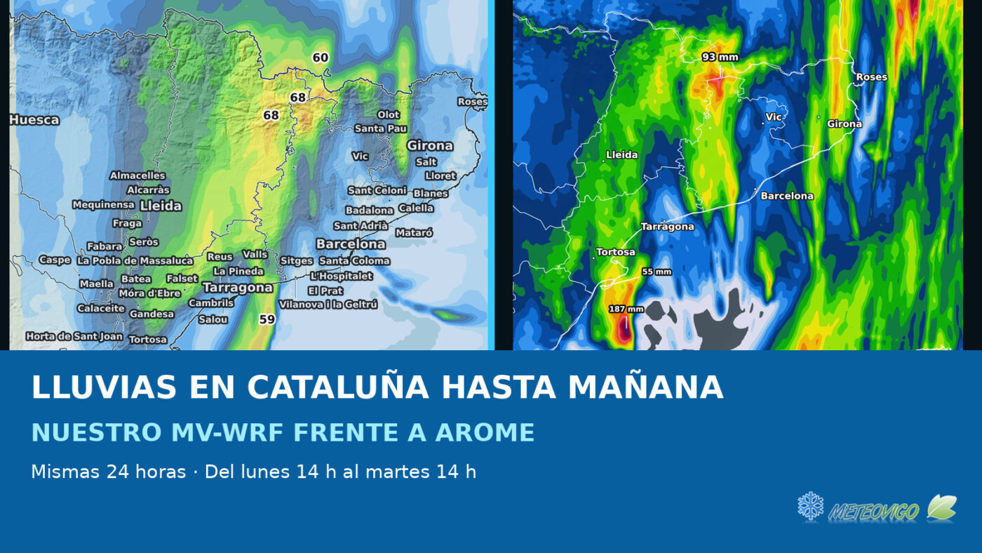 Lluvias en Cataluña hasta mañana: así comparan nuestro MV-WRF y AROME