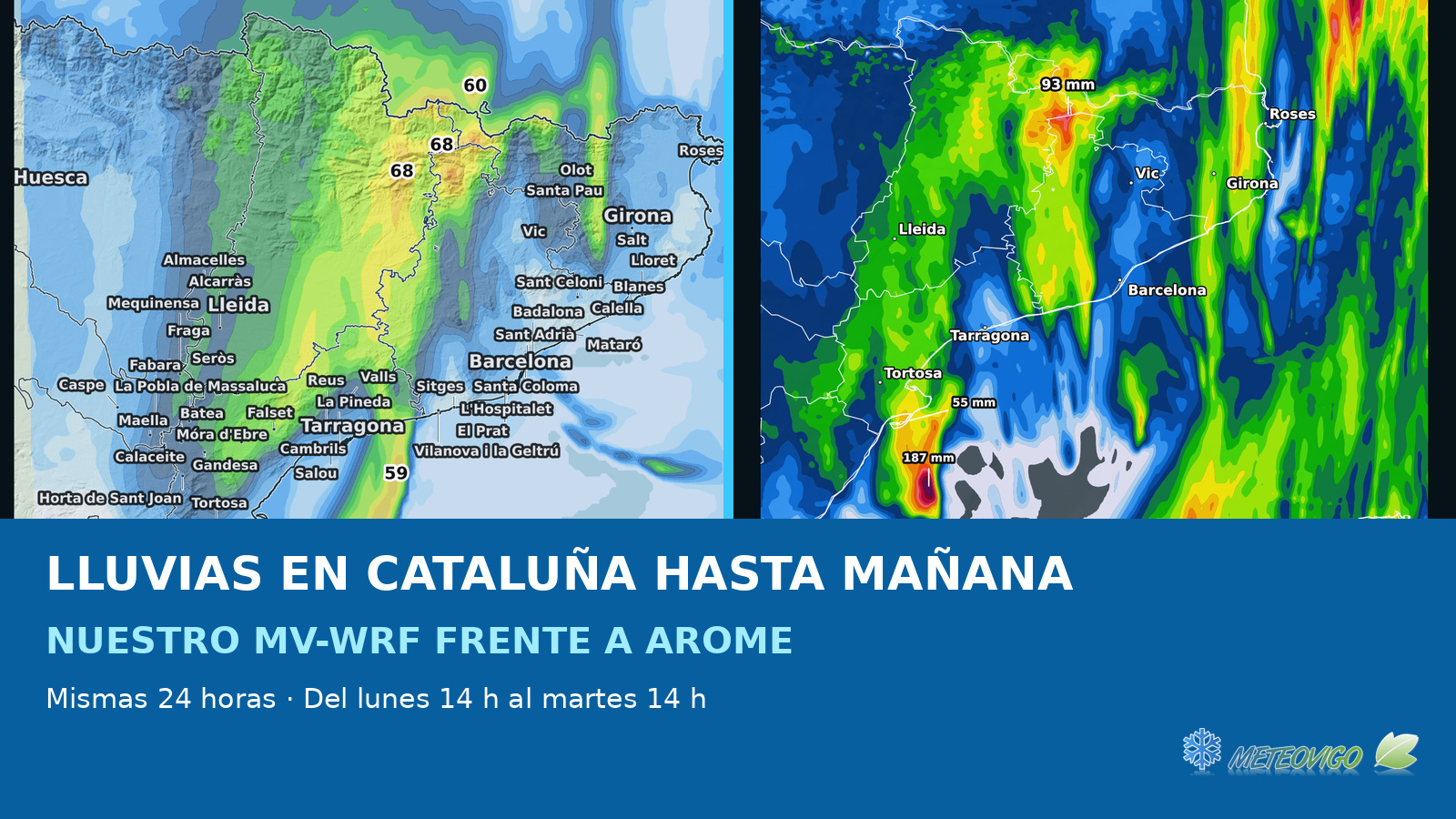 Lluvias en Cataluña hasta mañana: así comparan nuestro MV-WRF y AROME