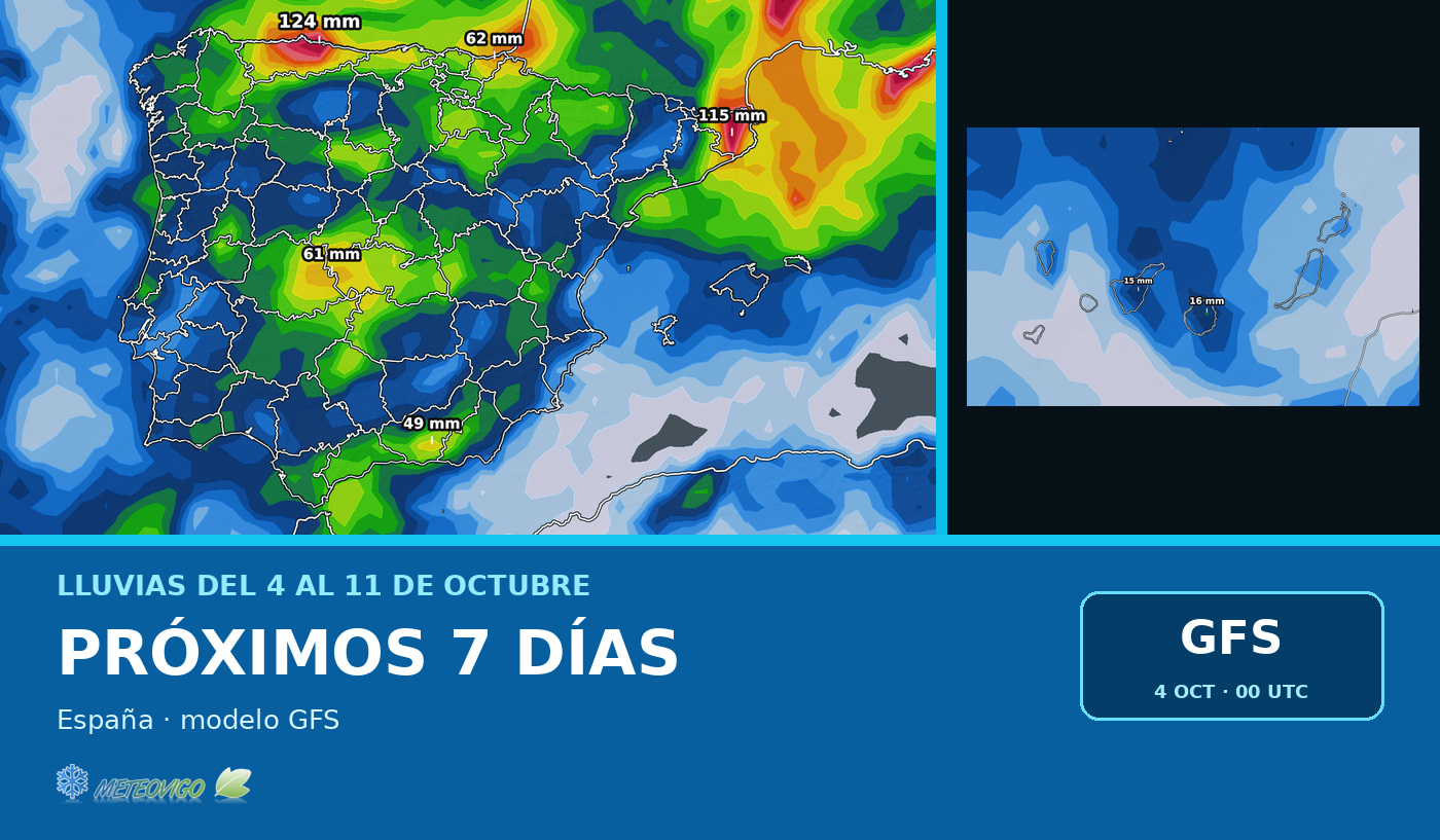 Pronóstico de lluvias a siete días en España, modelo GFS del 4 de octubre de 2026.