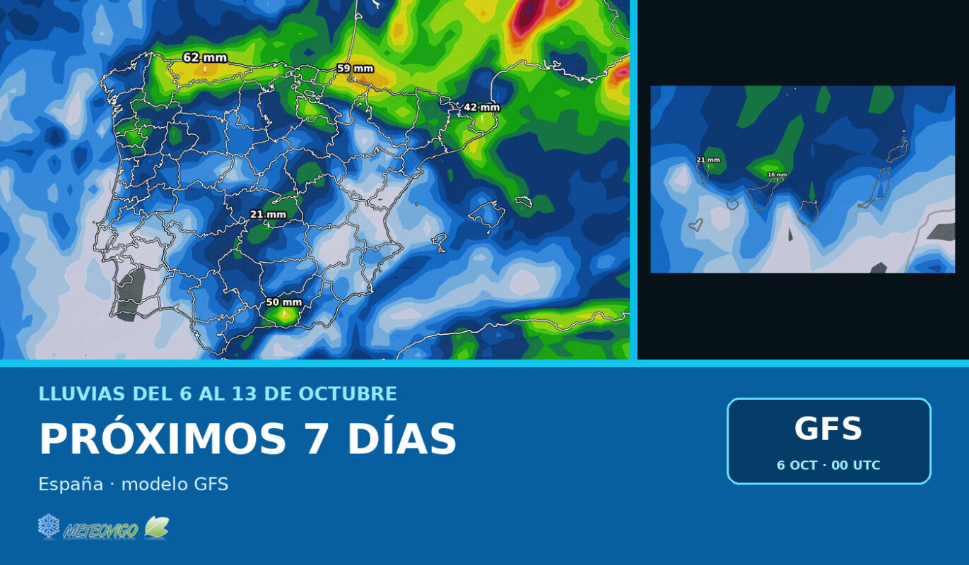 Lluvias previstas en España durante los próximos siete días según el modelo GFS
