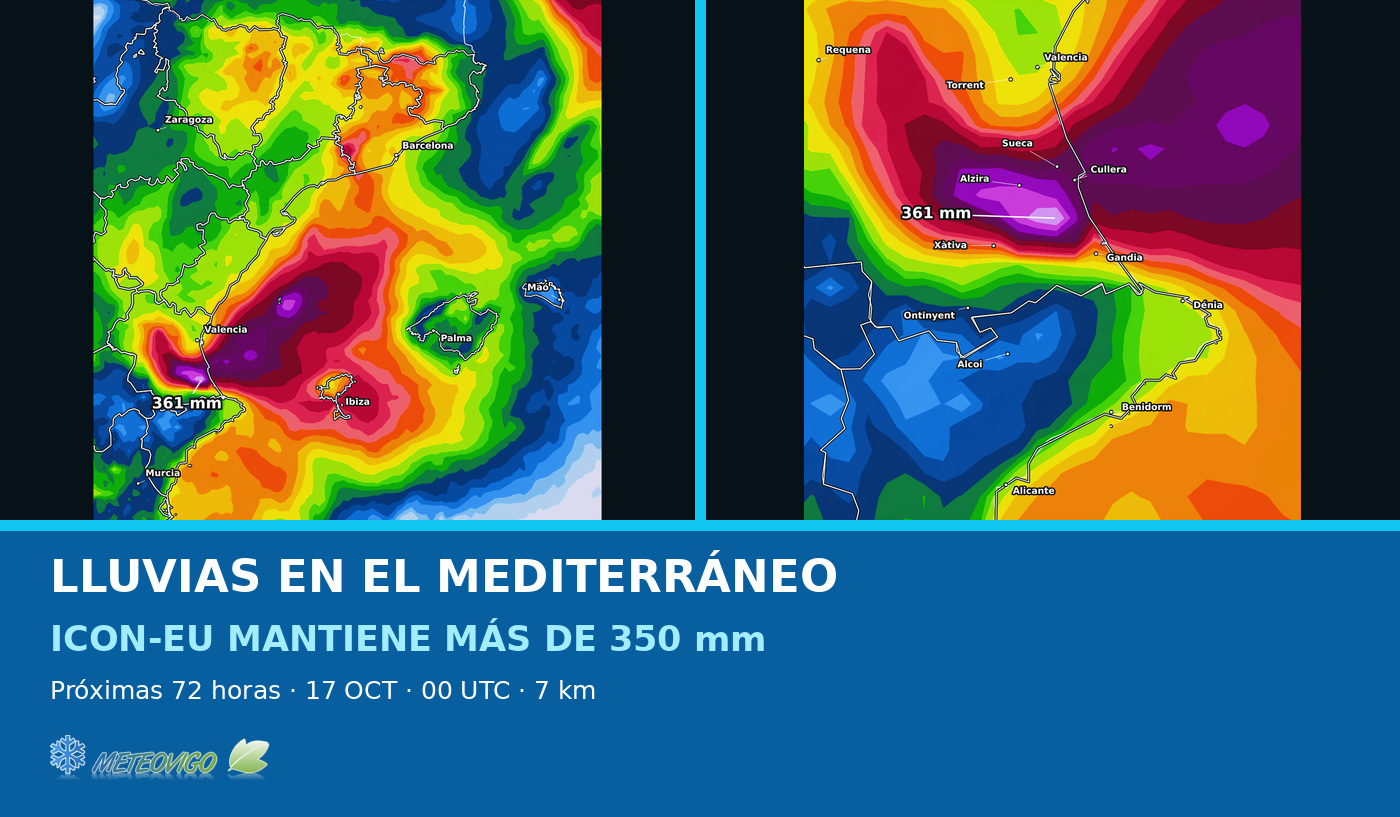 El modelo alemán actualiza las lluvias de las próximas 72 horas: mantiene más de 350 mm en Valencia