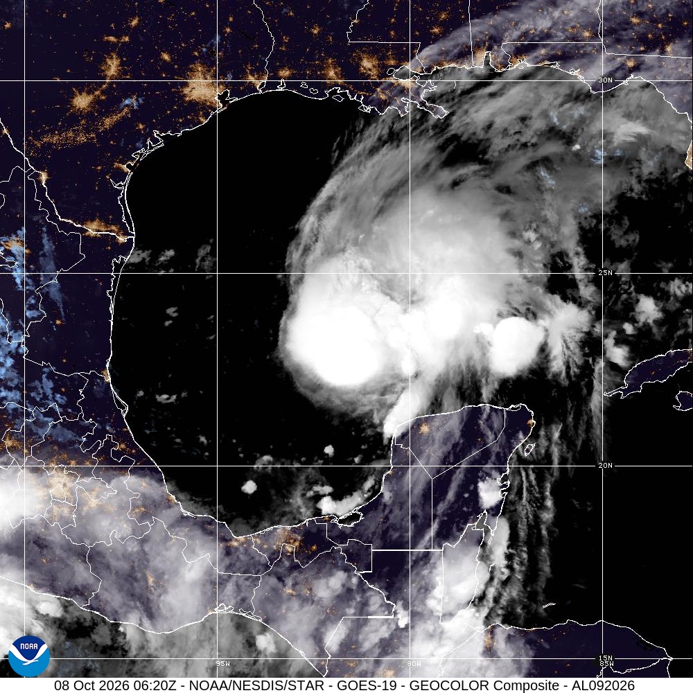 Imagen GeoColor de GOES-19 del hurac&aacute;n Isa&iacute;as sobre el Golfo de M&eacute;xico, el 8 de octubre de 2026 a las 06:20 UTC