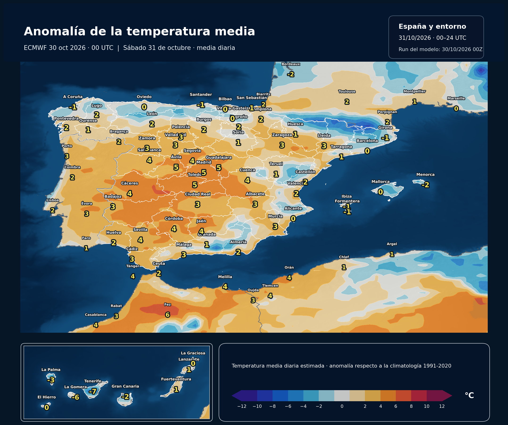 Anomalía regional estimada de la temperatura media respecto a 1991–2020. 31/10/2026, 00–24 UTC. ECMWF IFS, salida del 30 de octubre a las 00 UTC. Fuente: ECMWF y NOAA/NCEP.