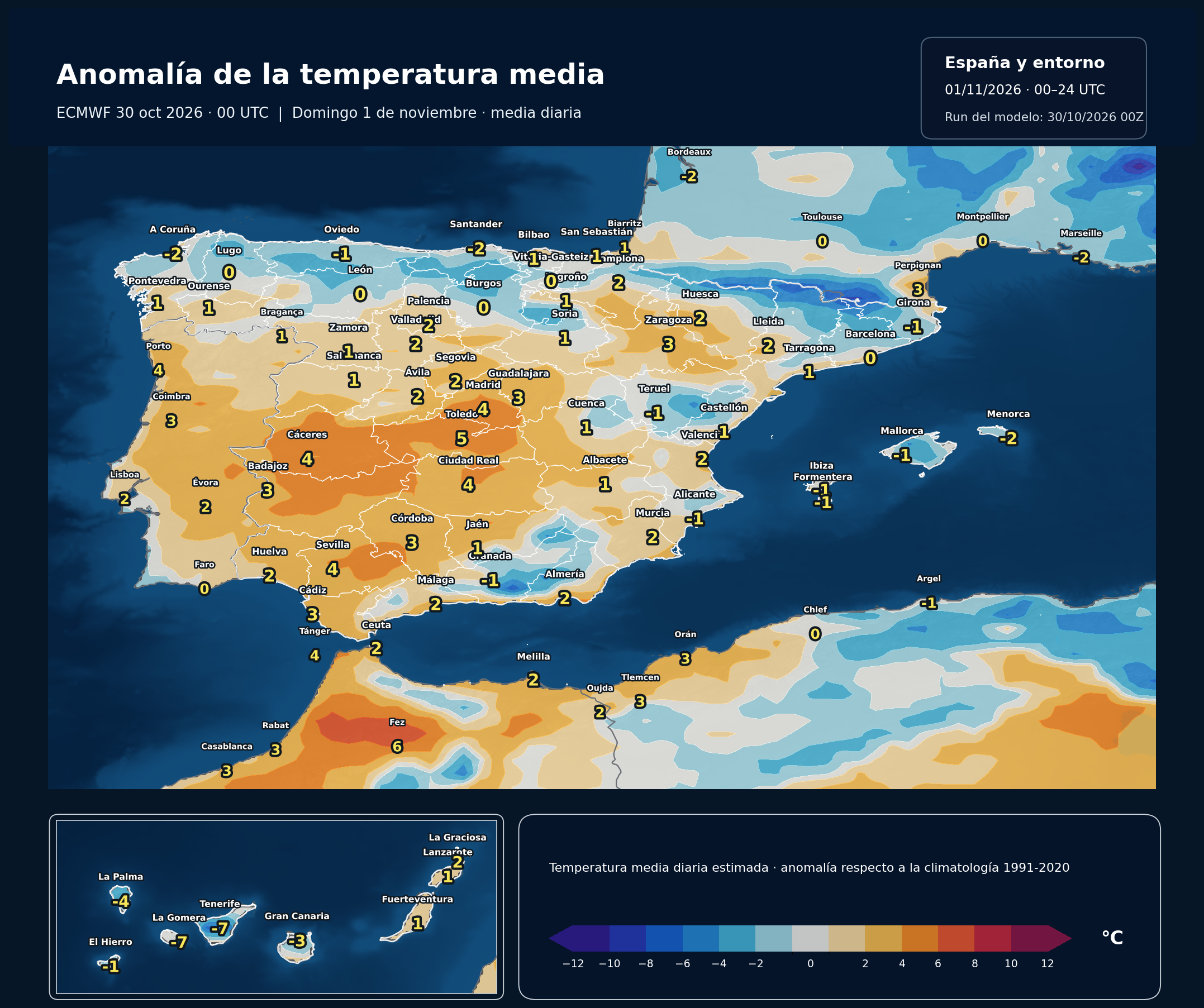 Anomalía regional estimada de la temperatura media respecto a 1991–2020. 01/11/2026, 00–24 UTC. ECMWF IFS, salida del 30 de octubre a las 00 UTC. Fuente: ECMWF y NOAA/NCEP.