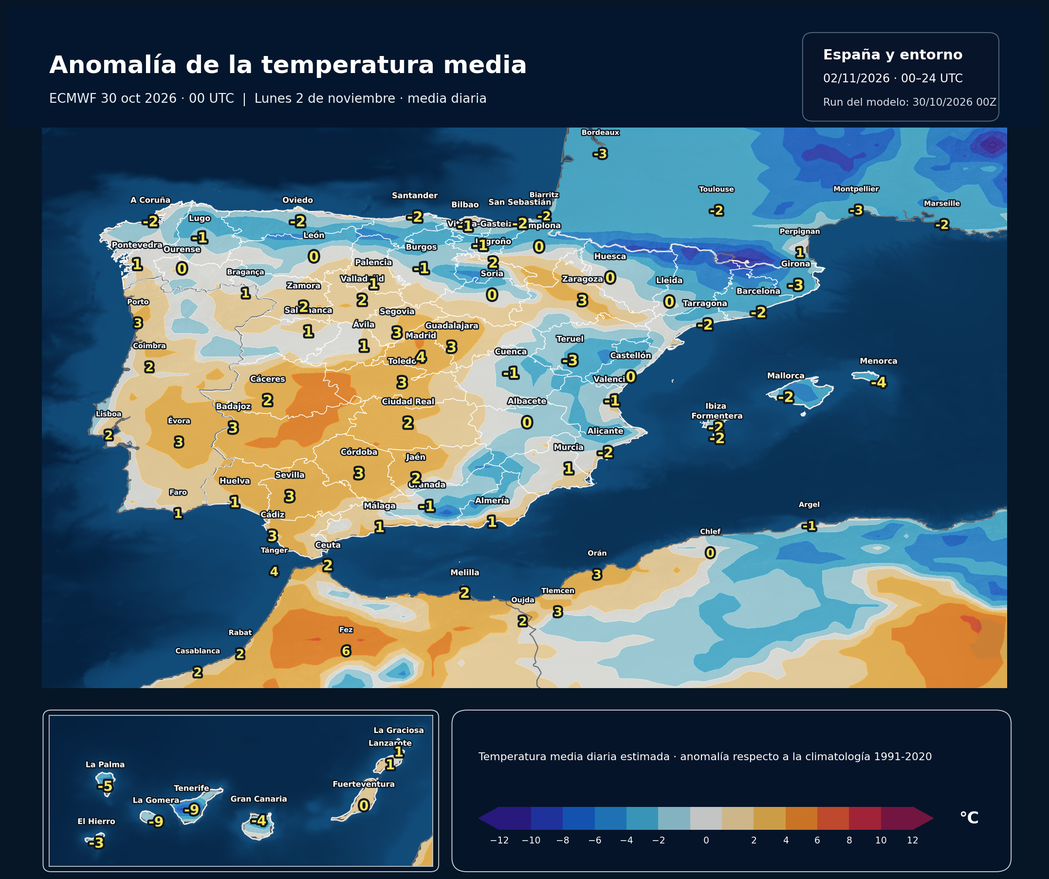 Anomalía regional estimada de la temperatura media respecto a 1991–2020. 02/11/2026, 00–24 UTC. ECMWF IFS, salida del 30 de octubre a las 00 UTC. Fuente: ECMWF y NOAA/NCEP.
