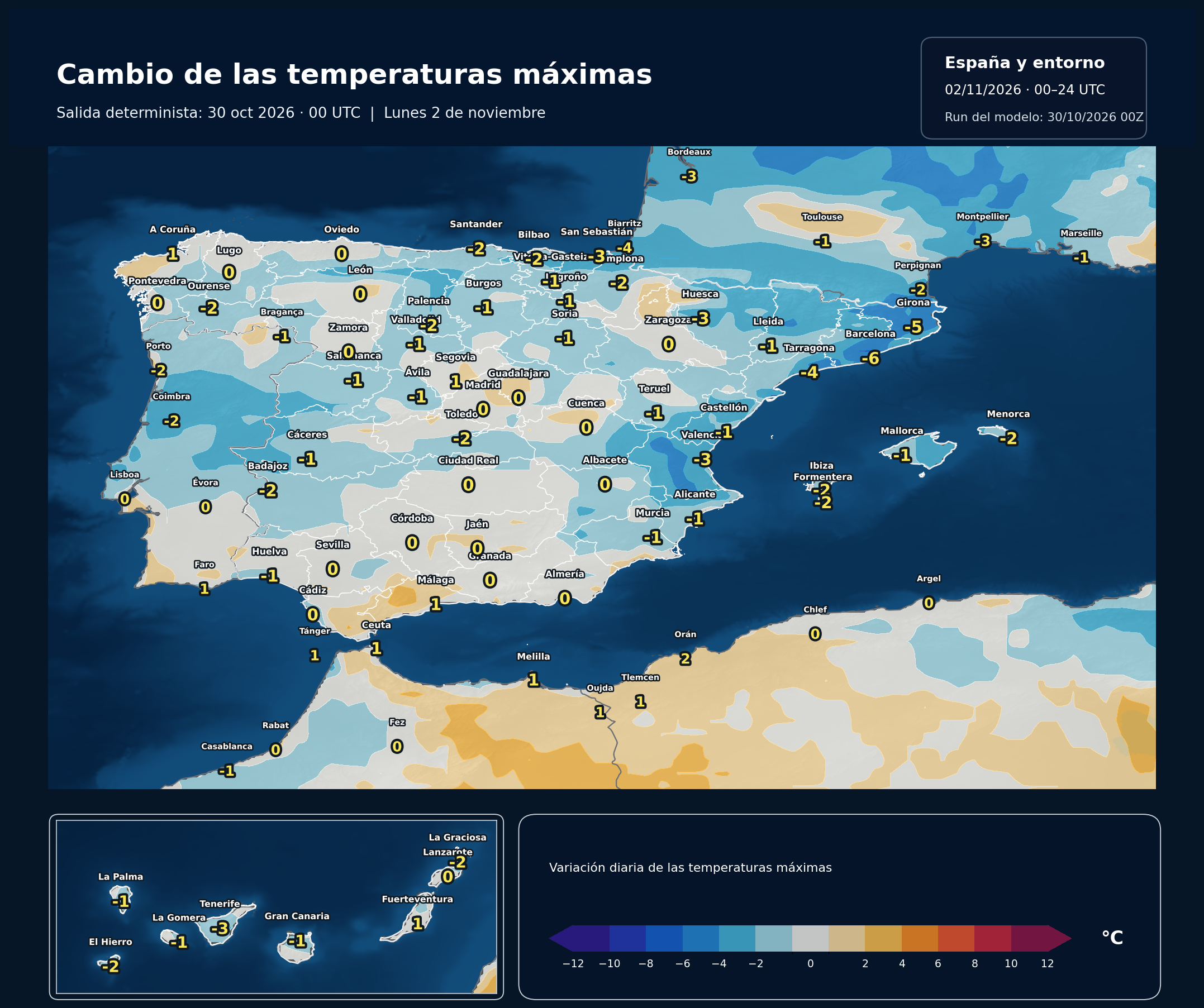 Cambio de las máximas respecto al día anterior. 02/11/2026, 00–24 UTC. ECMWF IFS, salida del 30 de octubre a las 00 UTC. Fuente: ECMWF.