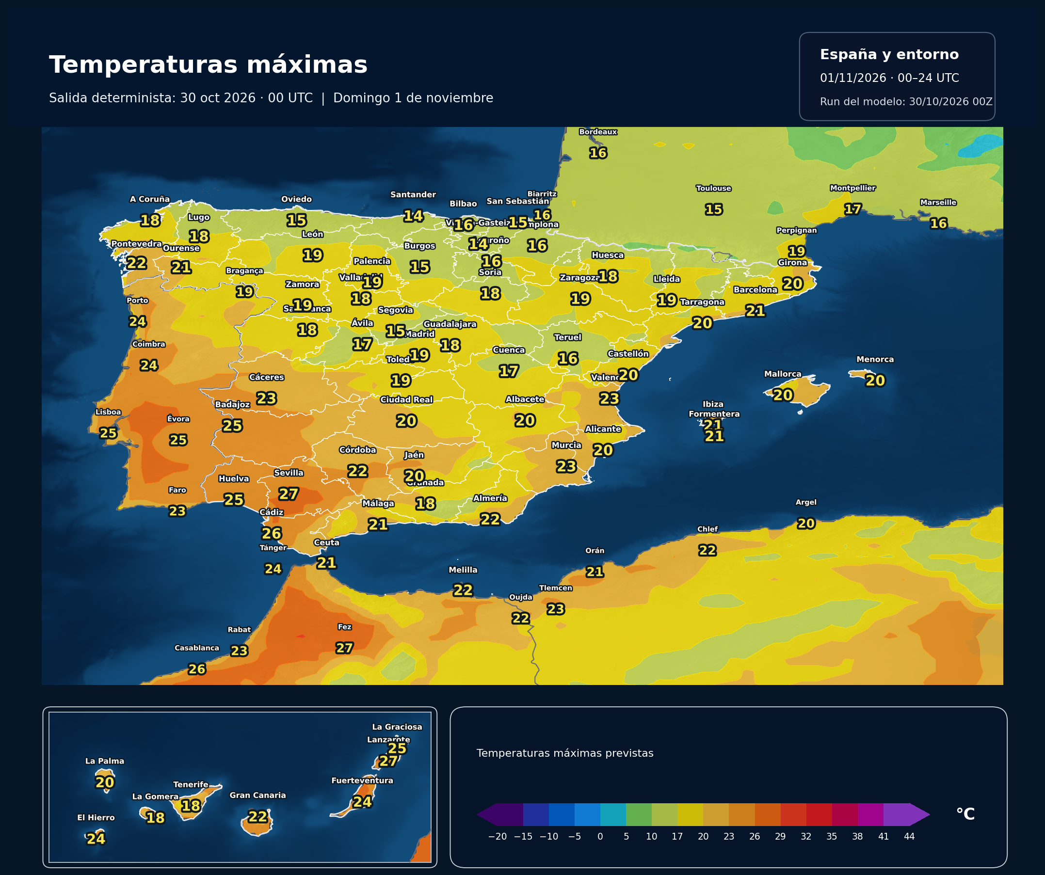 Temperaturas máximas. 01/11/2026, 00–24 UTC. ECMWF IFS, salida del 30 de octubre a las 00 UTC. Fuente: ECMWF.